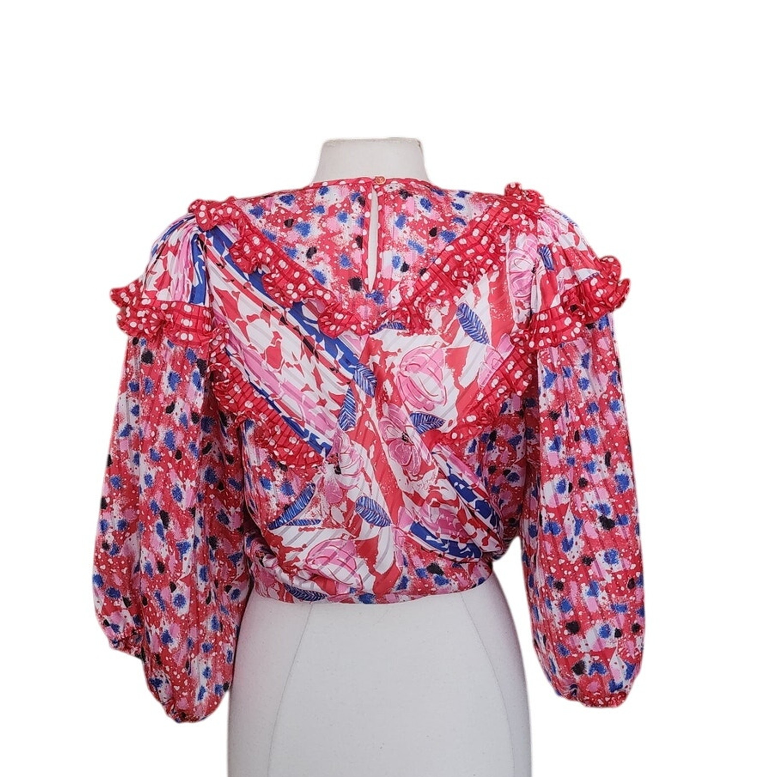 Vintage 80s Diane Freis Blouse Bold Print Poly Georgette Ruffles Pink Red