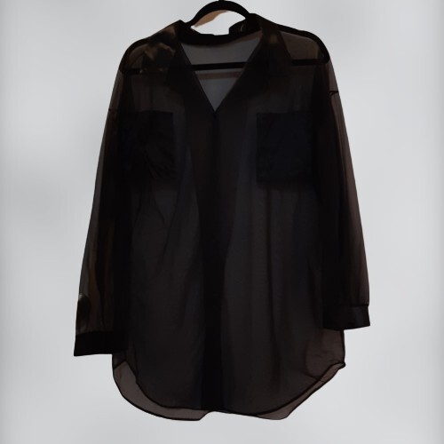 Vtg 2X „Traffic Jam” Sheer Black Button Up Top Blouse Nitewear Collar Shirt USA