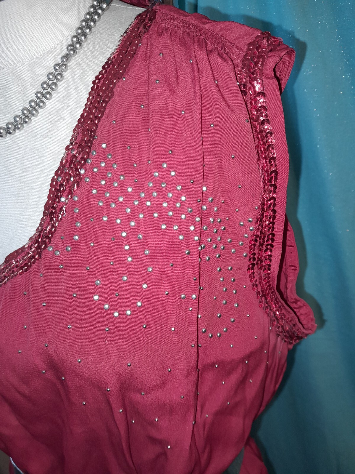 Vtg 30s 40s Red Sequin Rayon Crepe Studded Custom Short Party Evening Dress W30