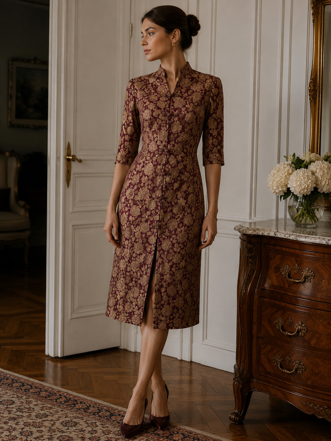 Vintage Endless Knot Art 100% Silk Asian Robe Dress Women’s S Mauve Floral