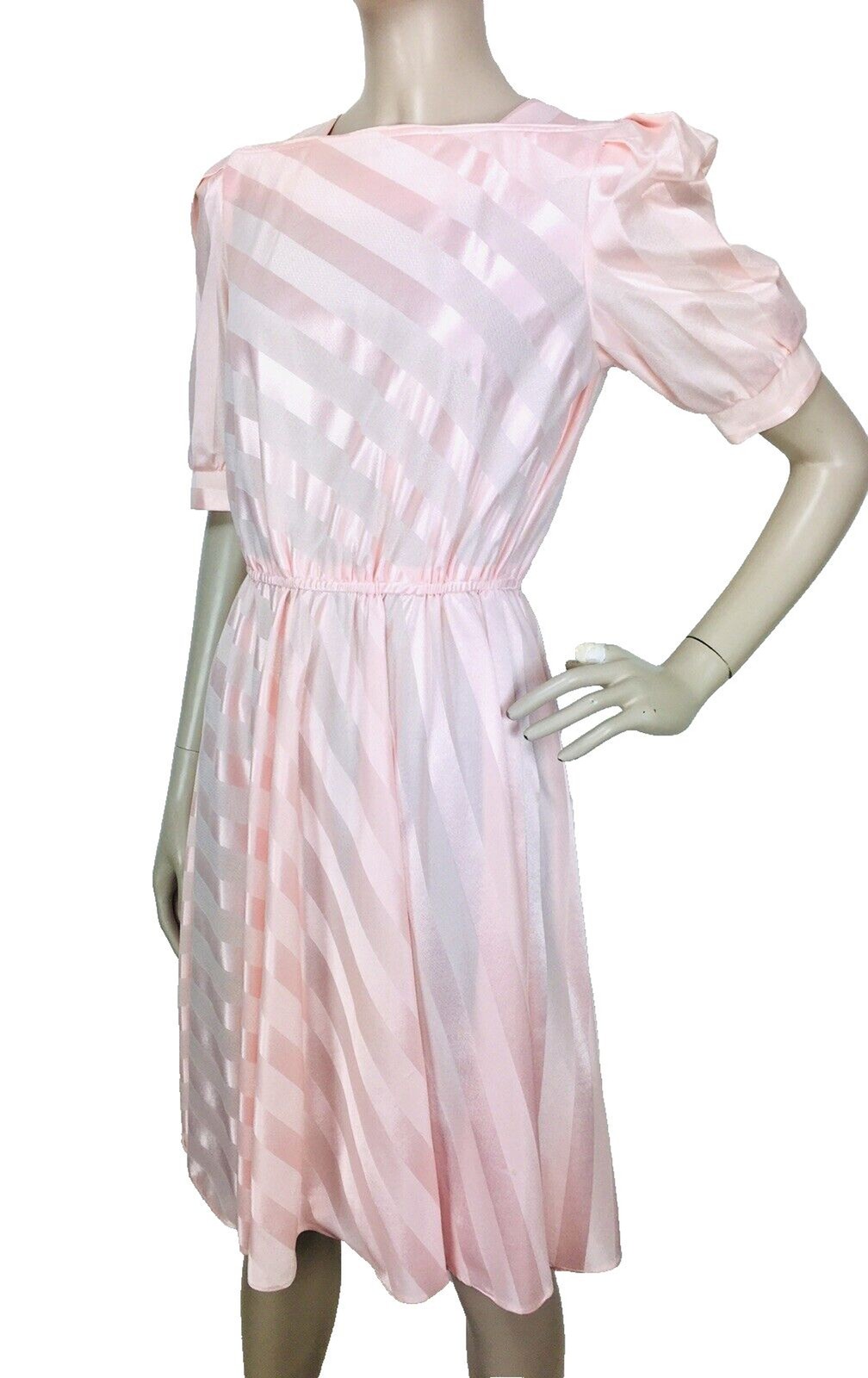 Vintage 80s Does 50s Jenny Petites Pink Candy Striped Puff Sleeve Dress XS/S/M