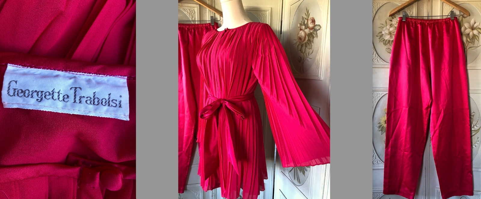 VTG 70s GEORGETTE TRABOLSI USA FUCHSIA PINK LOUNGE SET ACCORDION TOP PANTS EUC
