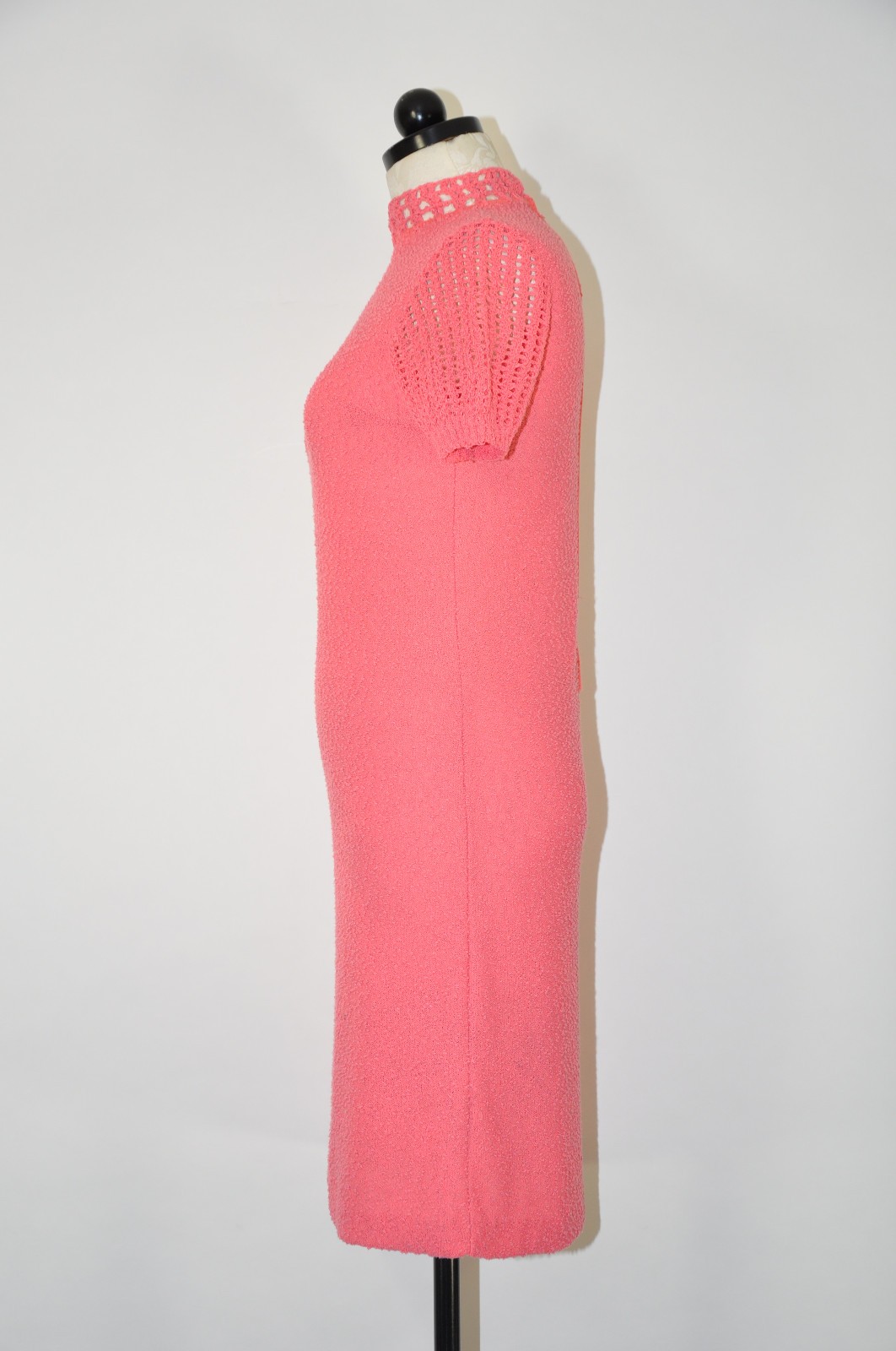 60s Vintage Salmon Pink Cotton Boucle Knit Short Sleeve Sweater Dress Women XS S