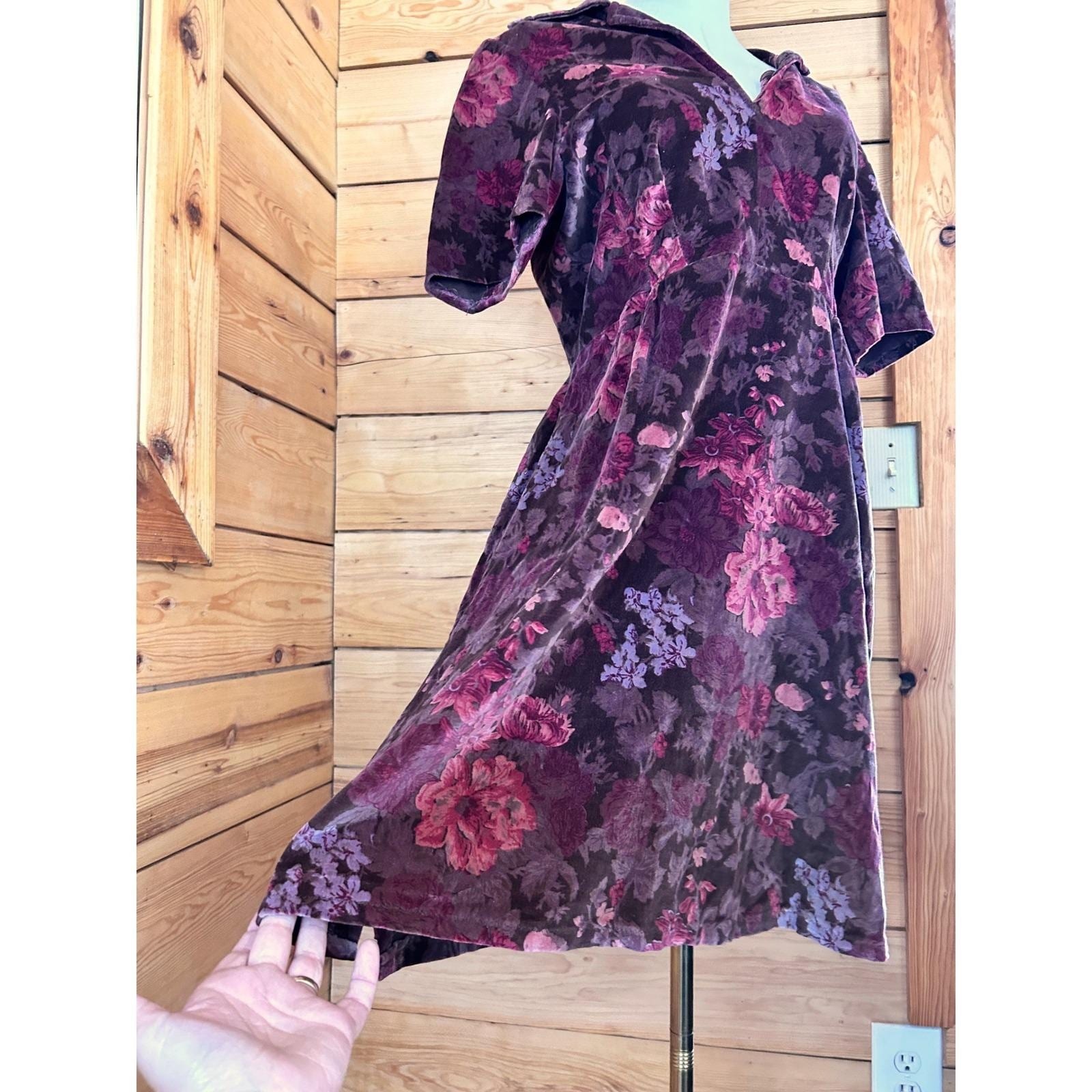 Vintage Thick Velour Floral Midi Dress Womens Large Plum Purple Handmade 70’s