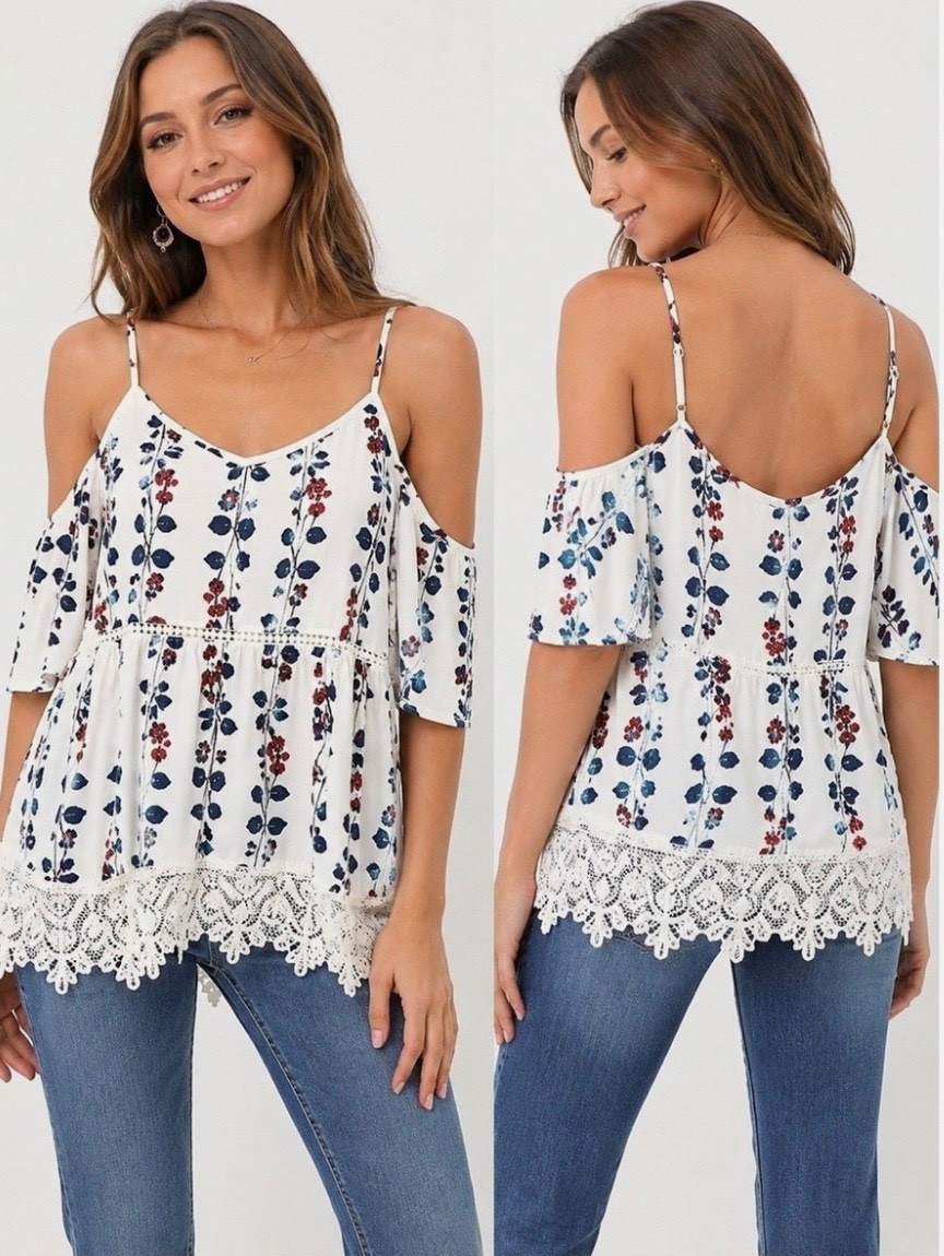 Skies Are Blue Y2K Floral Cold Shoulder Top Crochet Lace Hem Rayon Boho Large