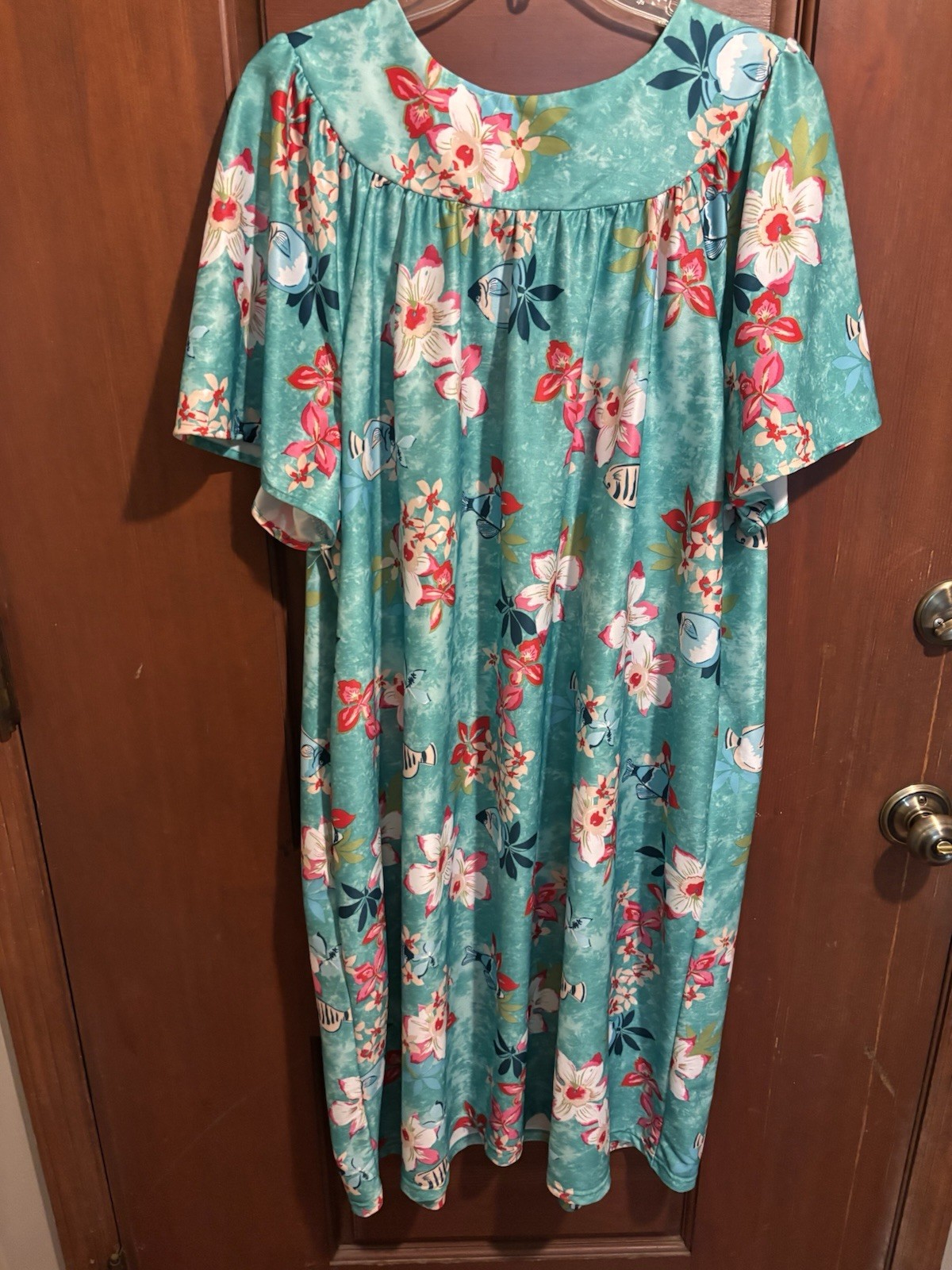 Anthony Richards 2X Hawaiian Dress Muumuu Tropical/Floral Fish Turquoise/Teal