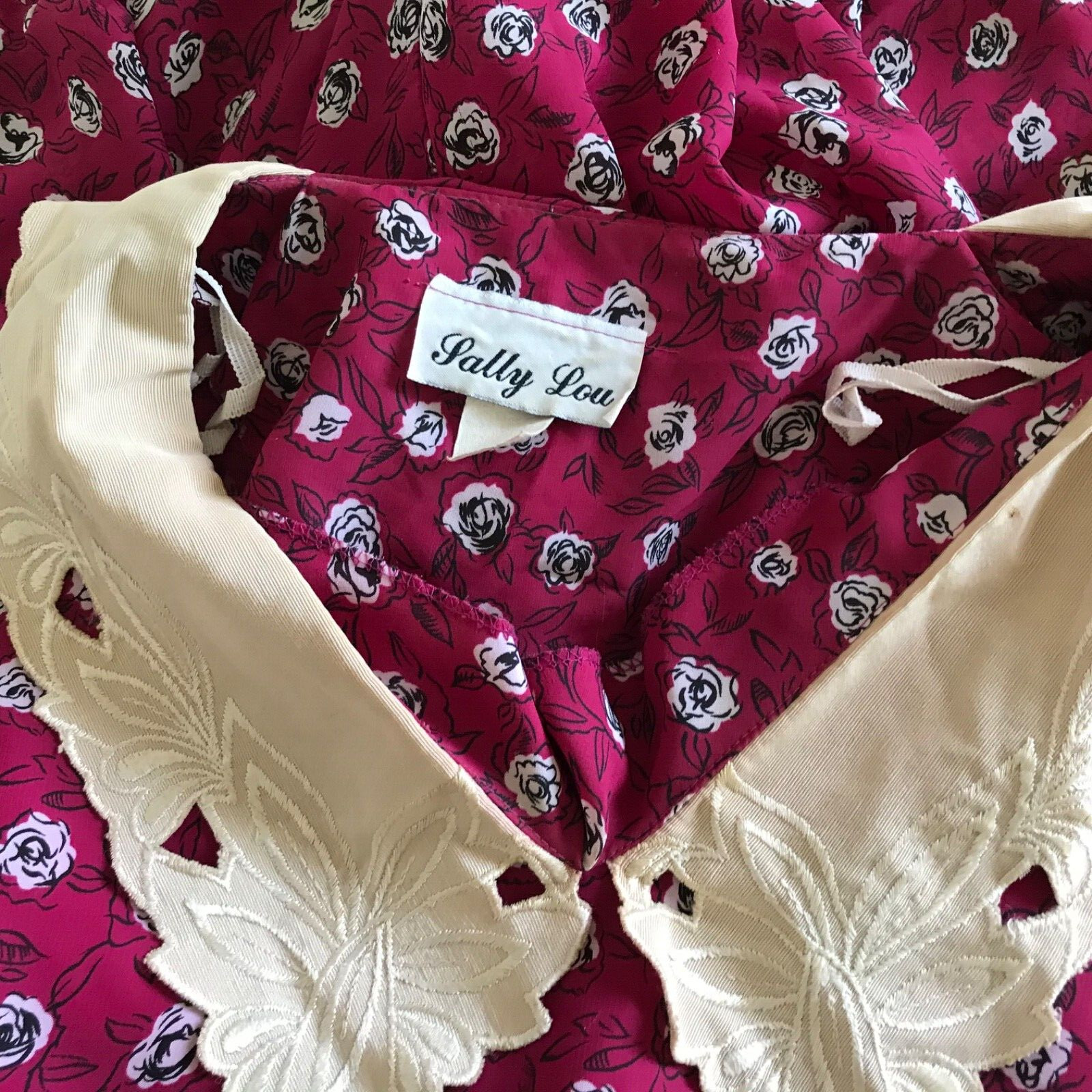 Vintage Sally Lou Cottage Core Dress, Sailor Collar Magenta Chiffon Midi