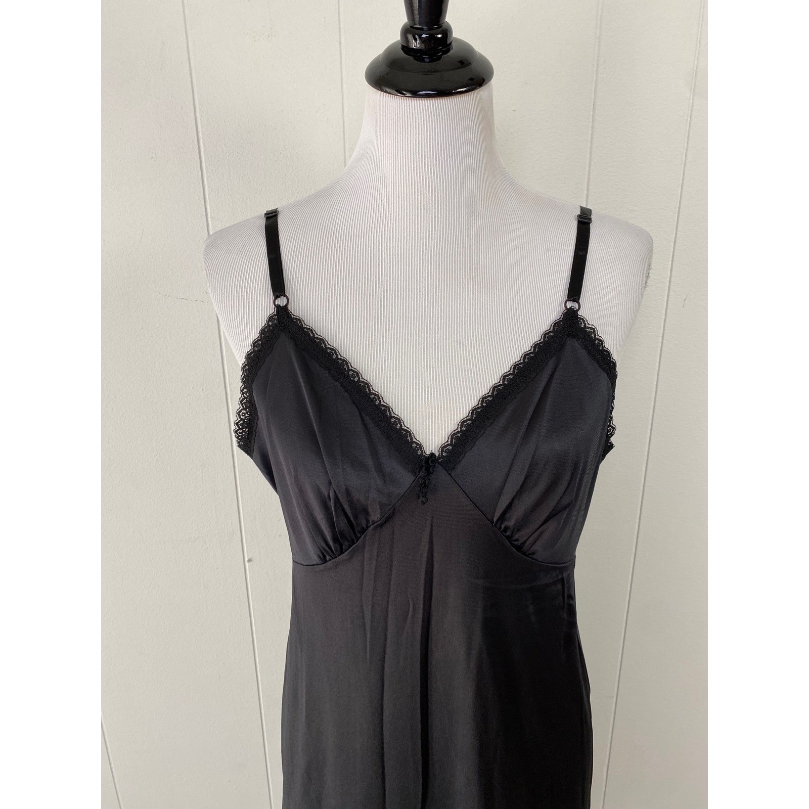 Vintage Sears Black Lace Trim Full Slip Antron III Nylon Size 38/M Made in USA