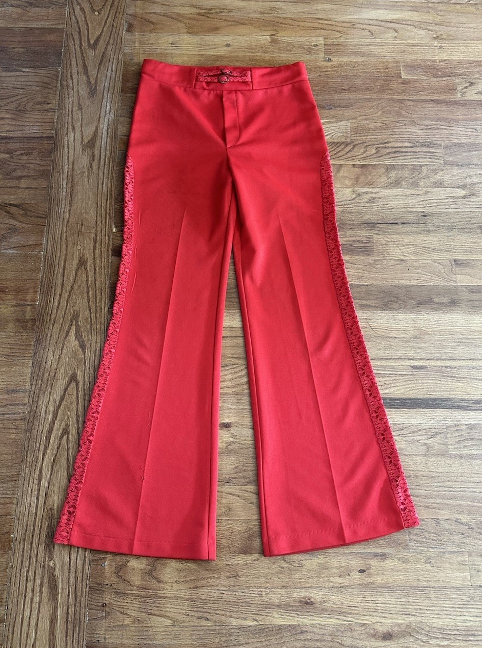 Vintage 70s Red Mod Disco Pants See-Through Lace Panels Woman’s M