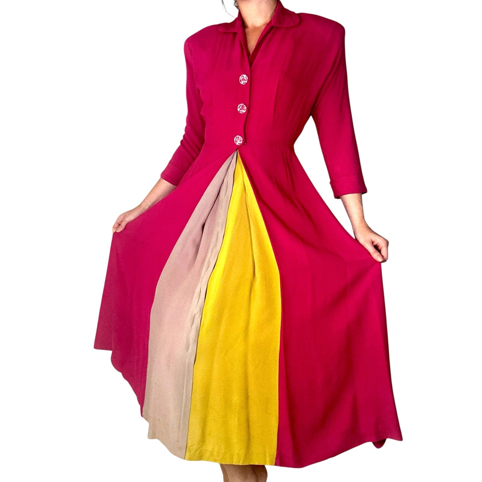 Vintage 1940s Saybury Magenta Dress & Slip Set Rare Colorblock Peek-a-Boo Pleats