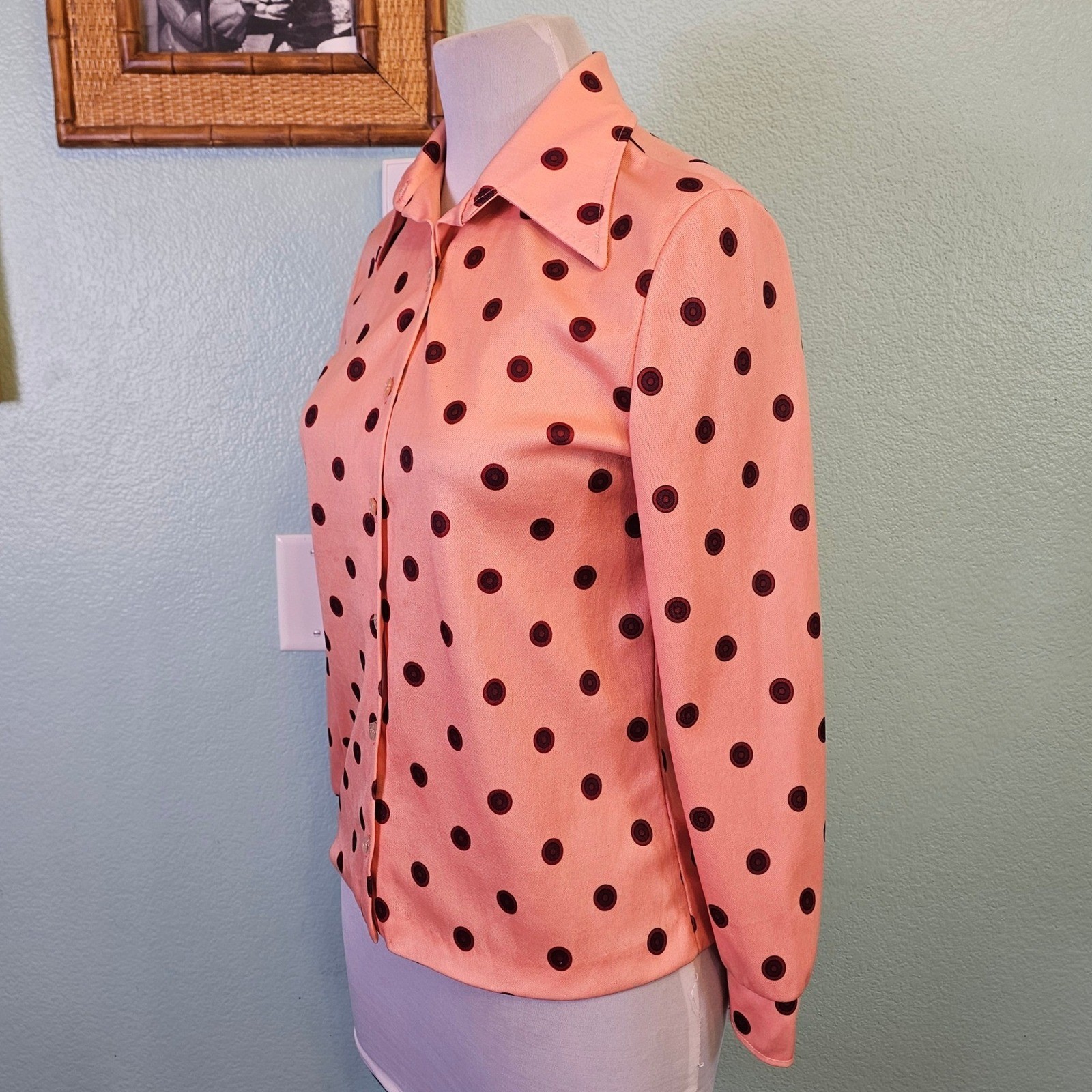 Vintage DeVon Peach Polka Dot Disco Blouse Point Collar Mod Secretary Top Size S