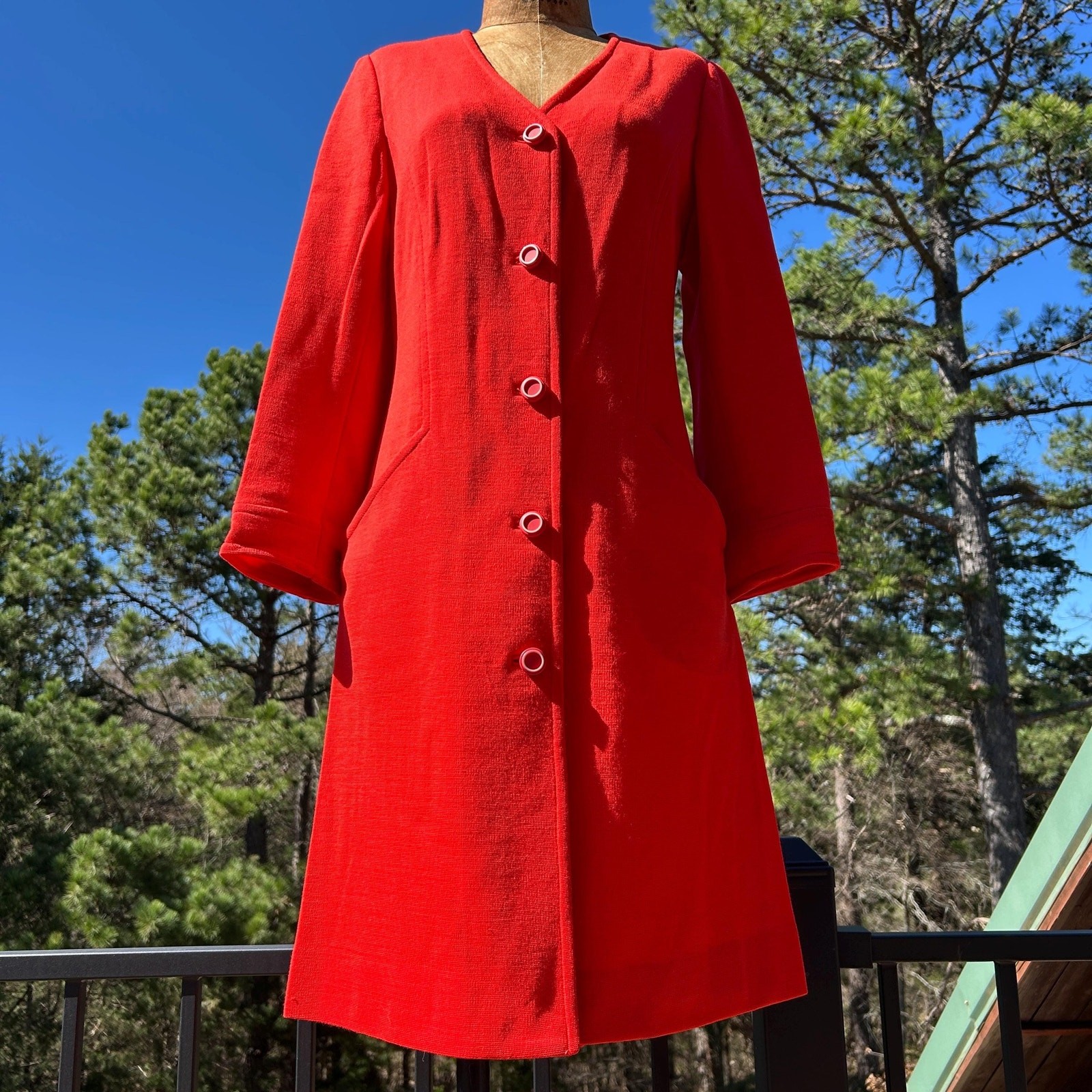 Vintage 60s Orange Wool Knit Pleated Belted Back Mod Midi Coat Dress + Pockets