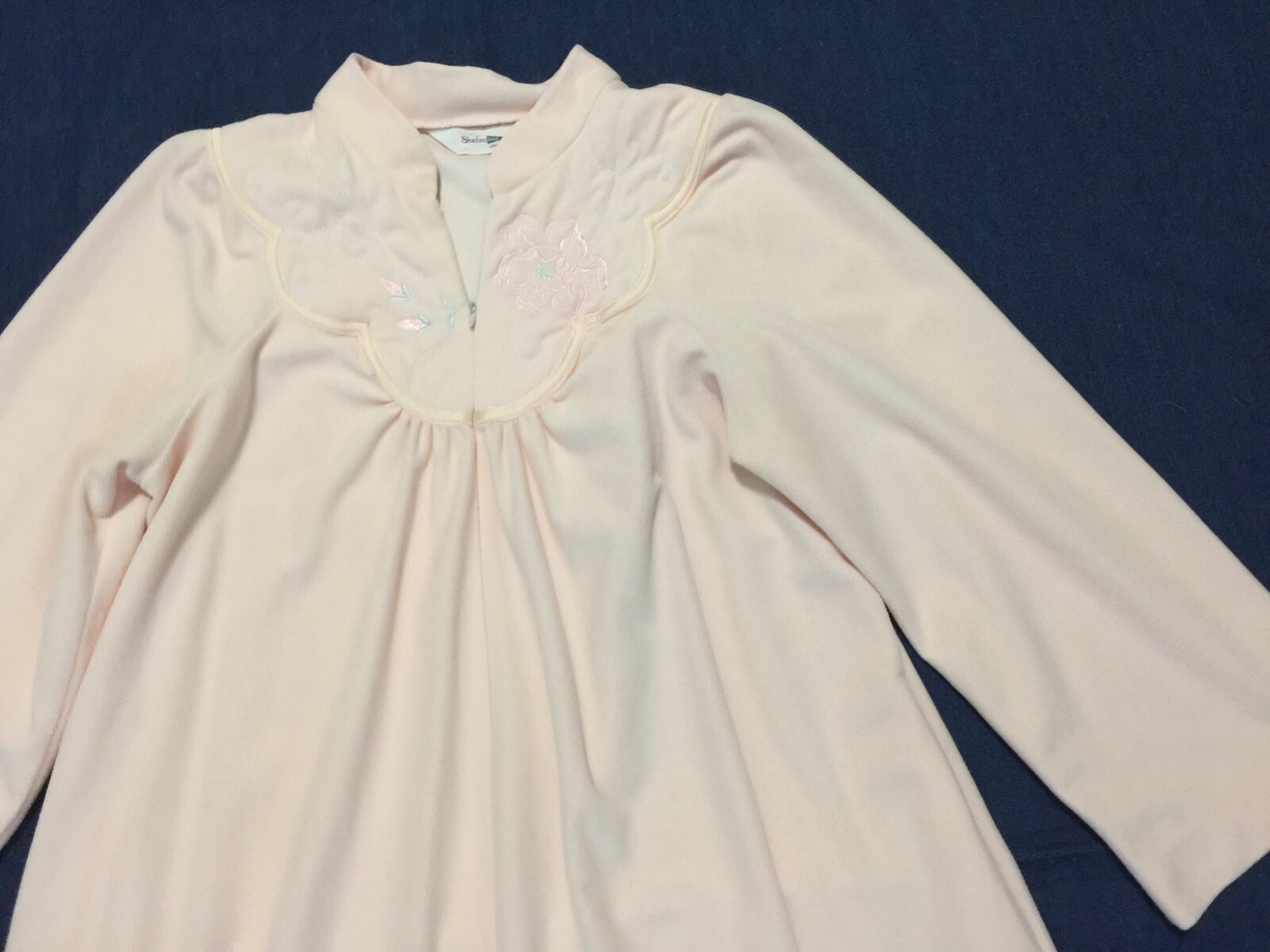 Vintage fleece robe warm soft pink long 3/4 zip front embroidered size L