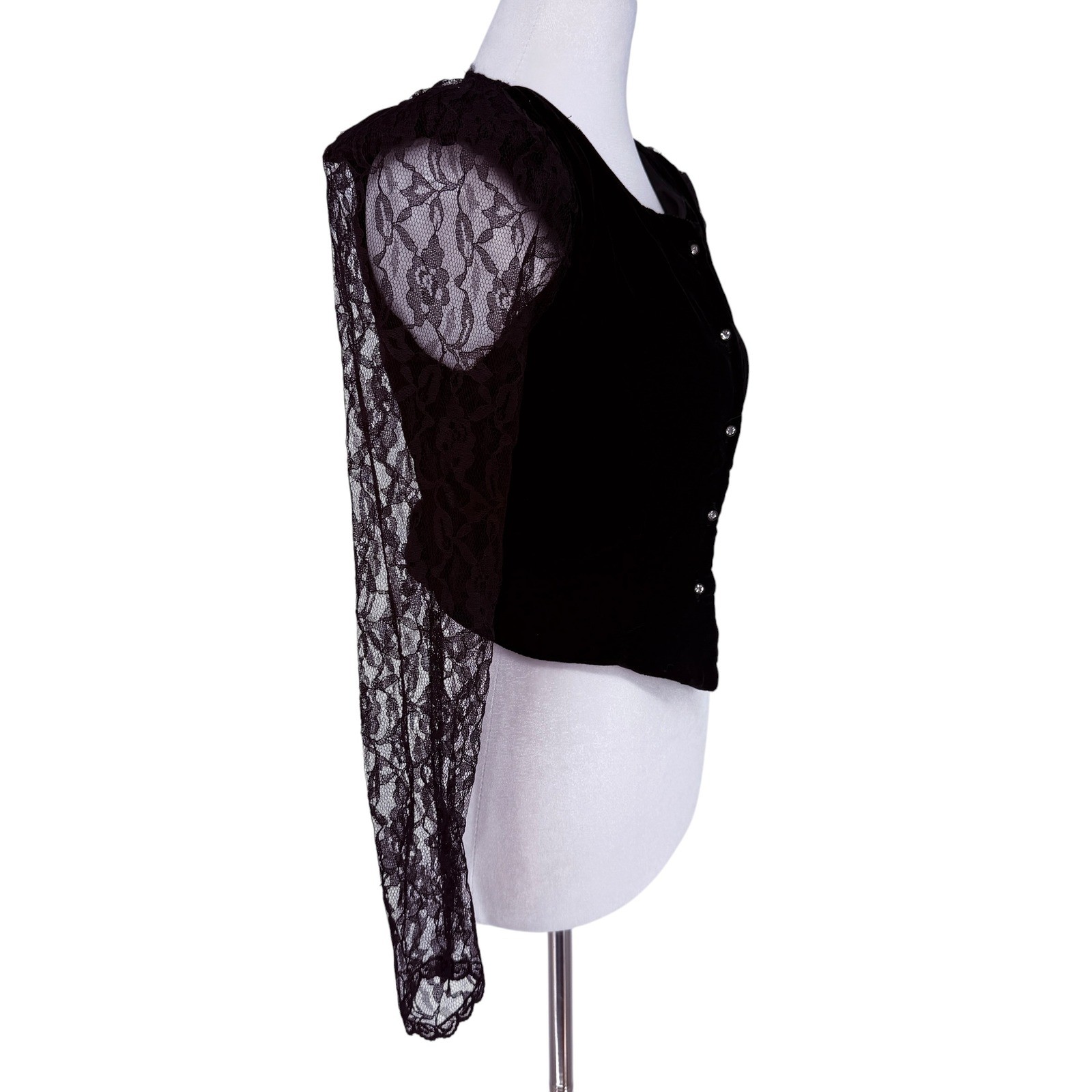 Vintage 80s Black Velvet Lace Long Sleeve Cropped Evening Top Jacket Goth Glam