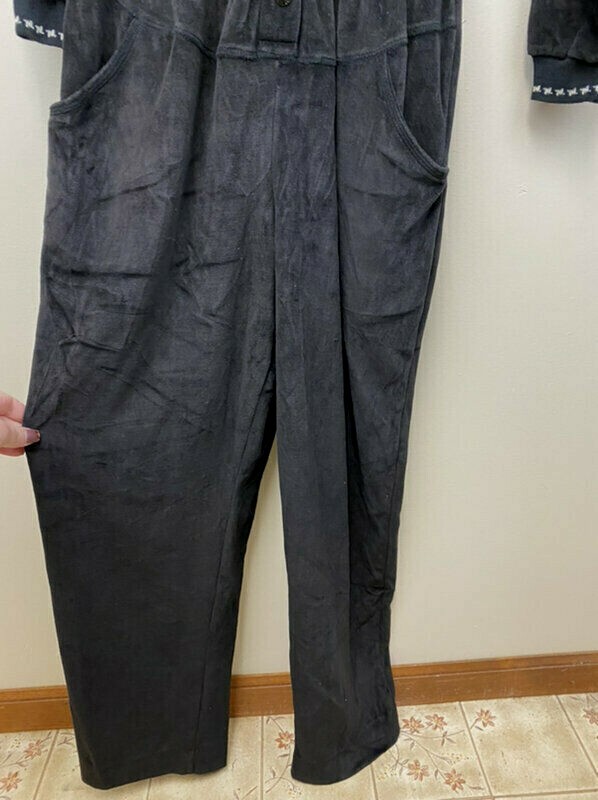 Ideas L Vintage Black Velour Jumpsuit Romper Collar Elastic Waist Pockets Snaps