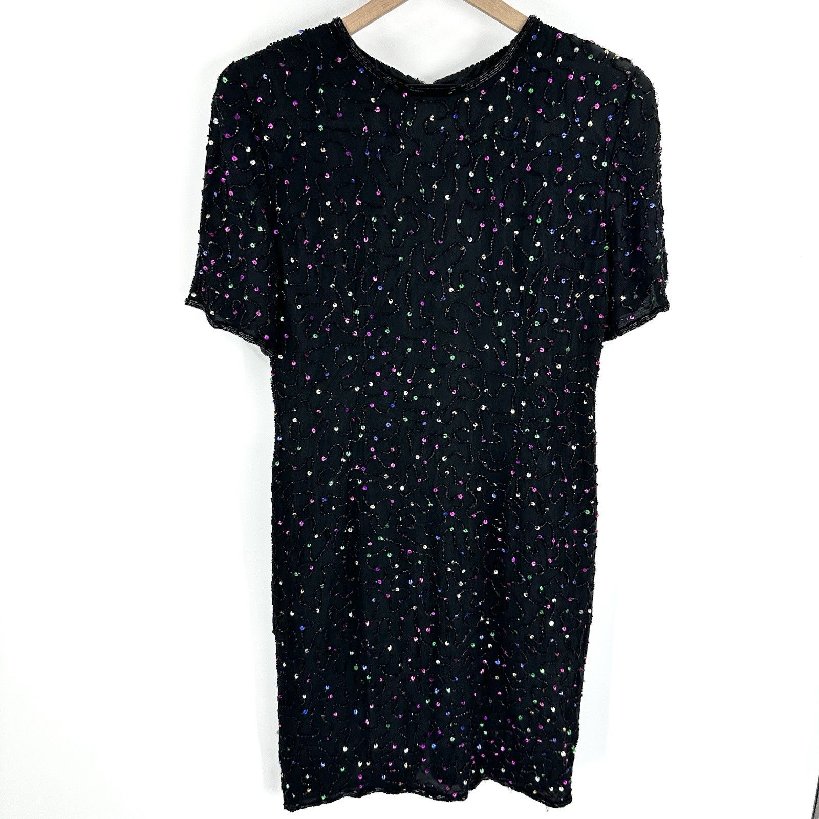 VTG Silk Sequin Beaded Dress Party 80s Sparkle NYE 90s Cocktail Homecoming Large
