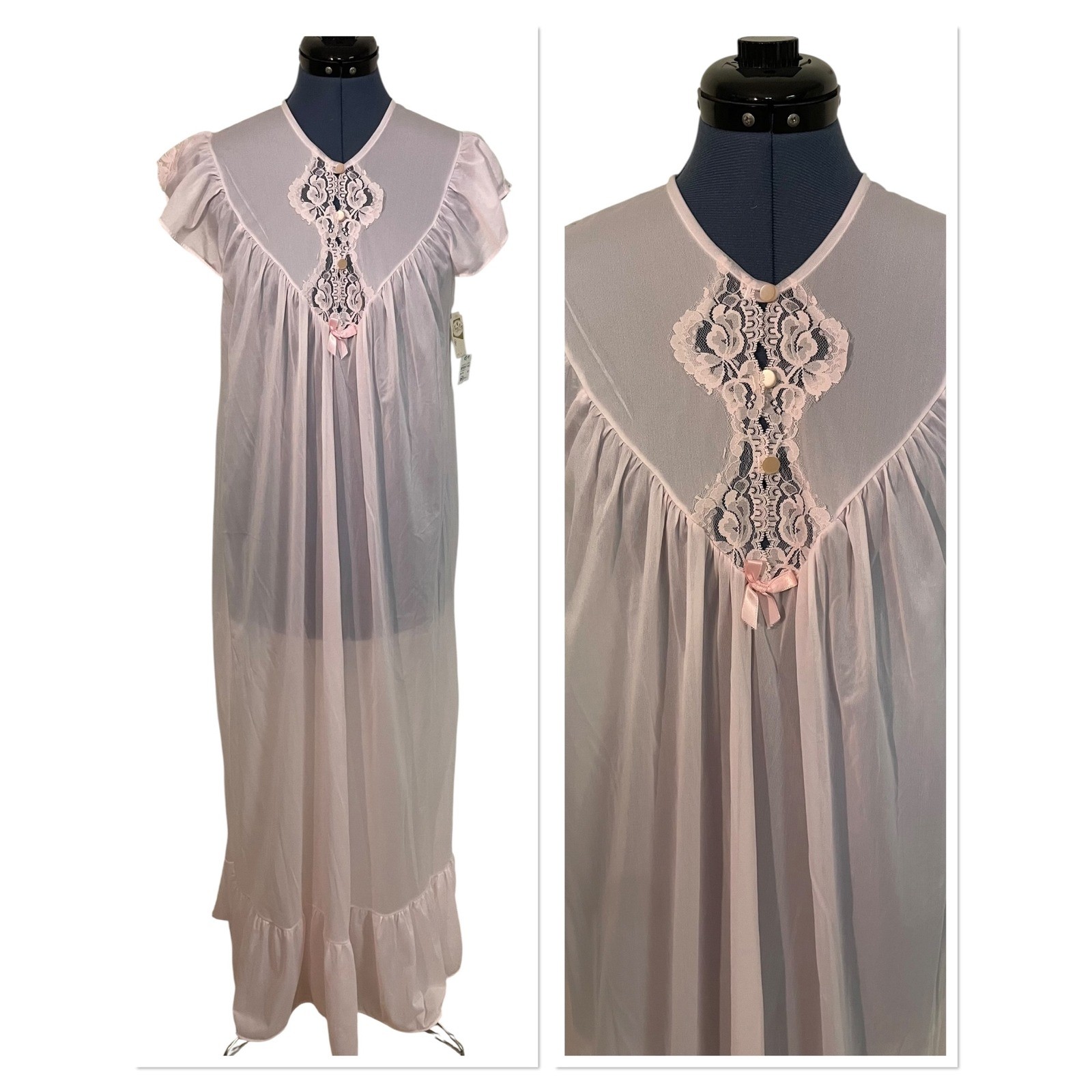 Vintage Nancy King Lingerie Pink Nylon Satin Lace Nightgown Coquette USA New M