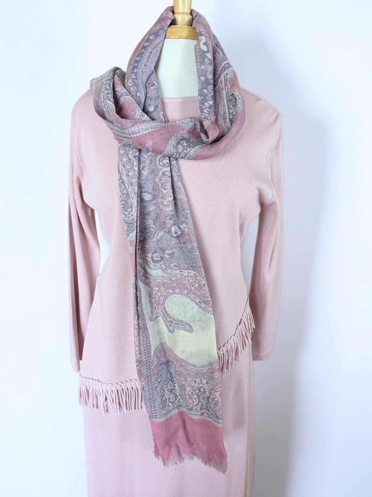 Vintage 1980s Dorby Lilac Pink Sweater Knit Set, Fringe Cowl Neck Top & Skirt