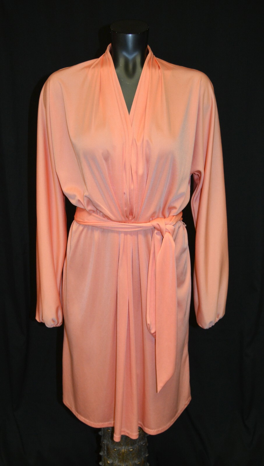 Abe Schrader Vintage 60s 70s Apricot Peach Polyester Pintucked Belted Dress sz M