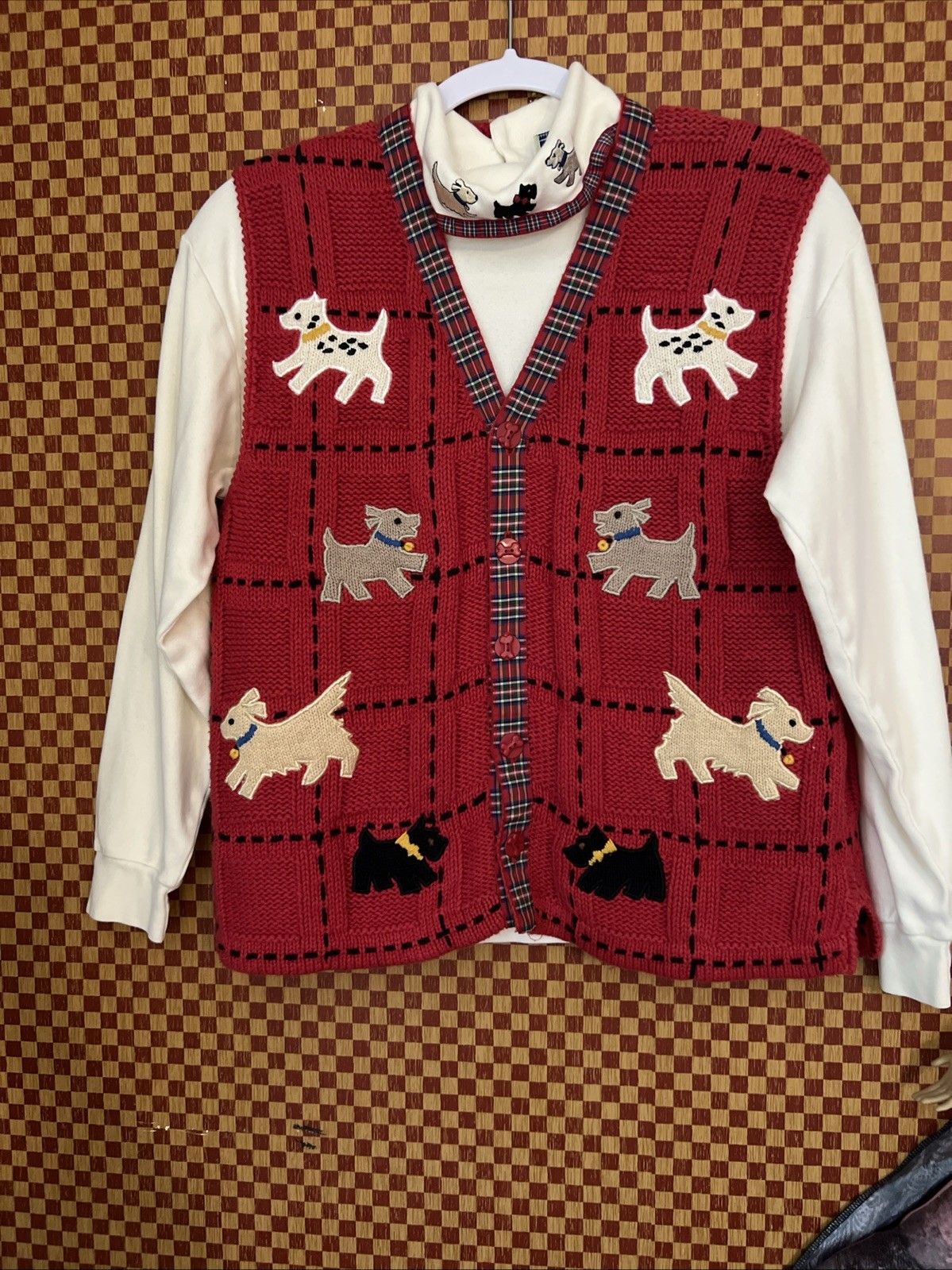 Vintage 90’s Belle Pointe Grandma Sweater Vest And Plaid Red Dog Turtleneck Med