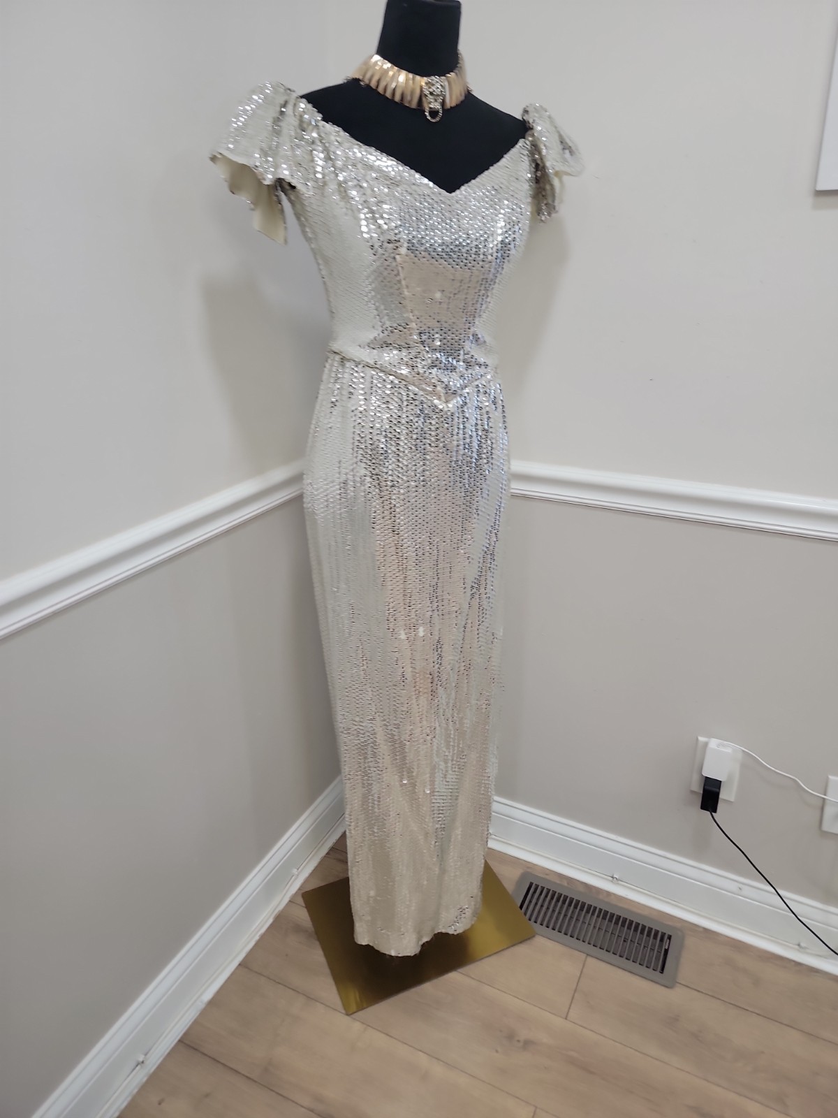VTG 80s Alice Designs Silver Sequin Beaded Evening Gown Formal Prom Dress