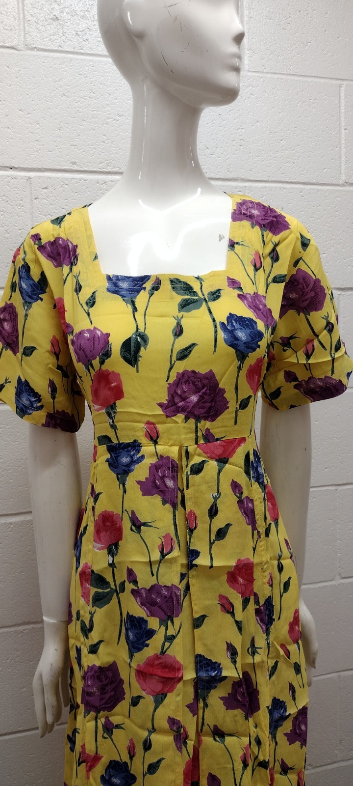 1990s Roses Long Dress Yellow Multicolor Print Purple Rose Country Chic Med New