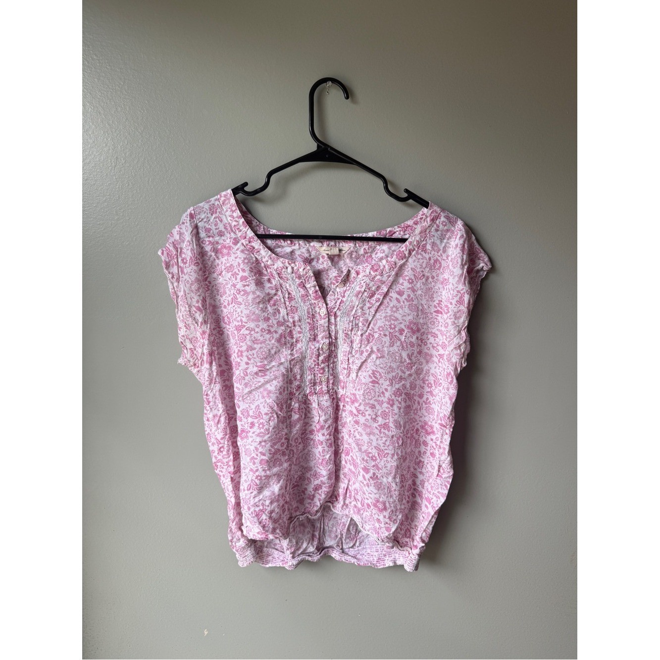 Pink Floral Lace Trim Peasant Blouse Cottagecore Boho Smocked Hem Women’s Large