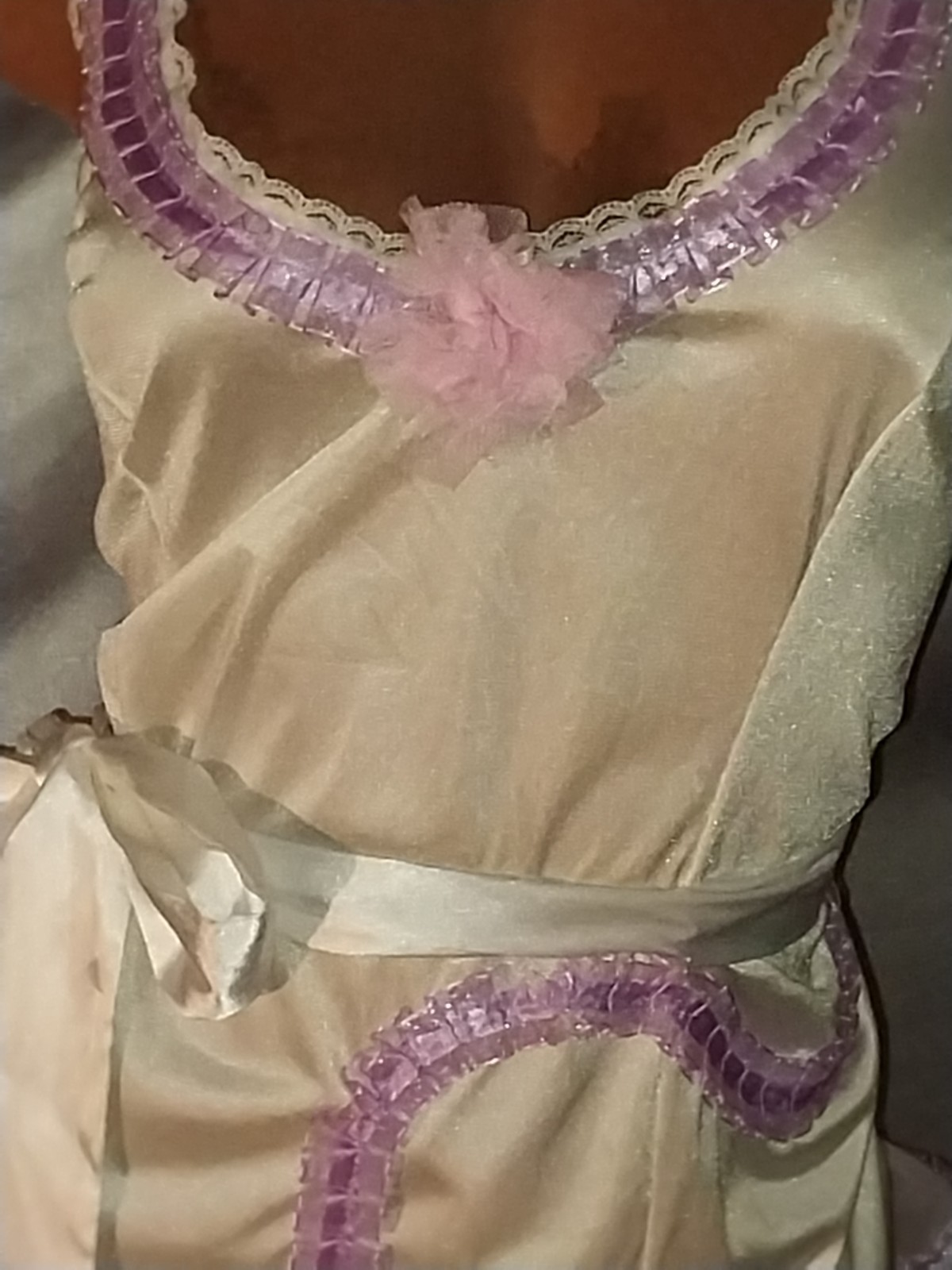 VTG Silky Nylon DollCore Cami Blouse Top Frilly Lacy Neon Pink Bows Burlesque 48