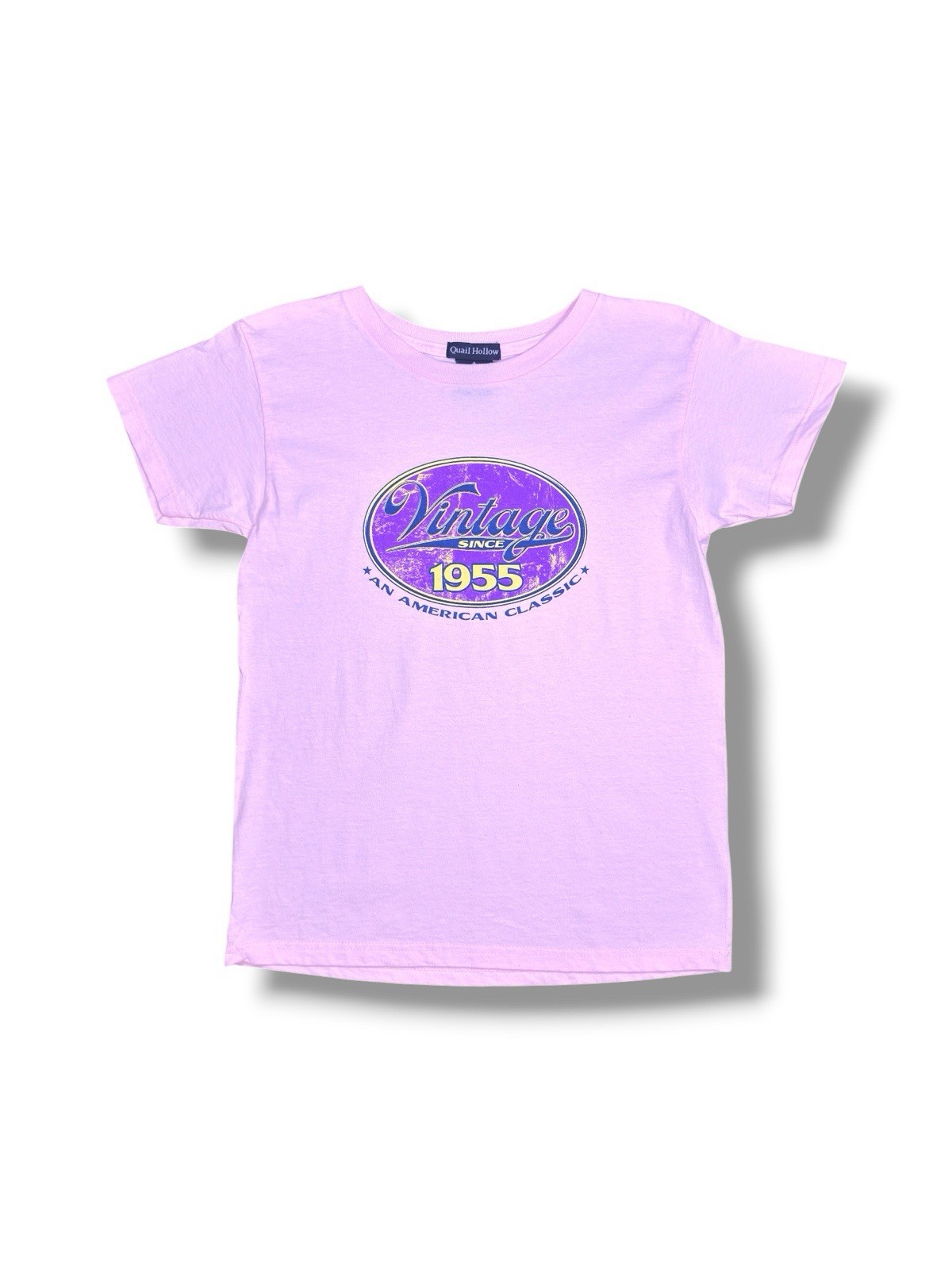 Vintage Light Pink Tee with Purple 1955 Graphic – Made In The 90’s Large