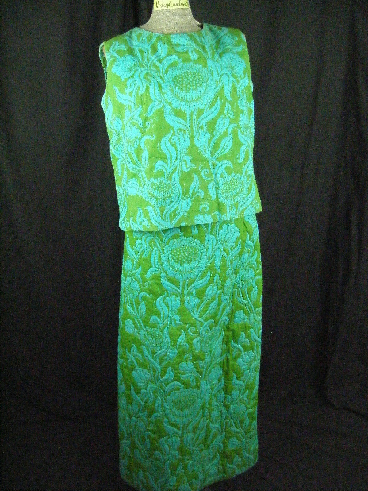 VANDEE BANGKOK Vtg 60s Green Blue Cotton Top & Quilted Skirt-Bust 41/Waist 27/S