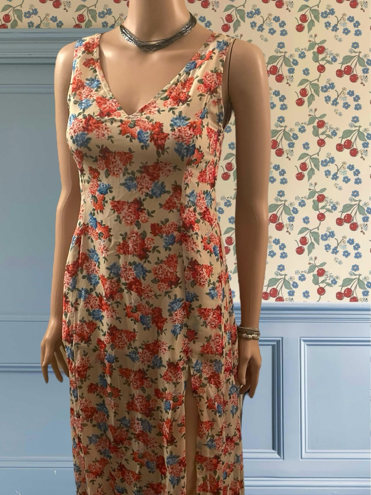 Vintage Silk Dress 1970s Floral Sheer Maxi Sexy Side Split V Neck Cottagecore S