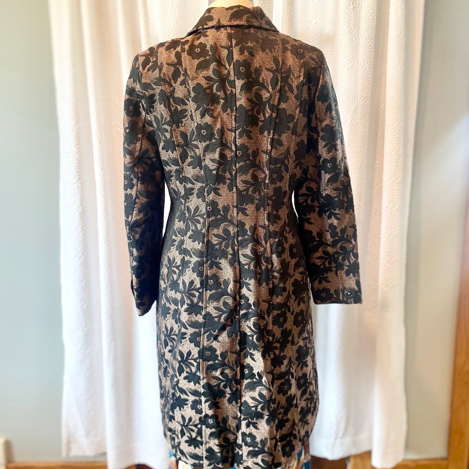 Vintage Brocade Trench Coat, Black Copper Metallic Floral, Size 12