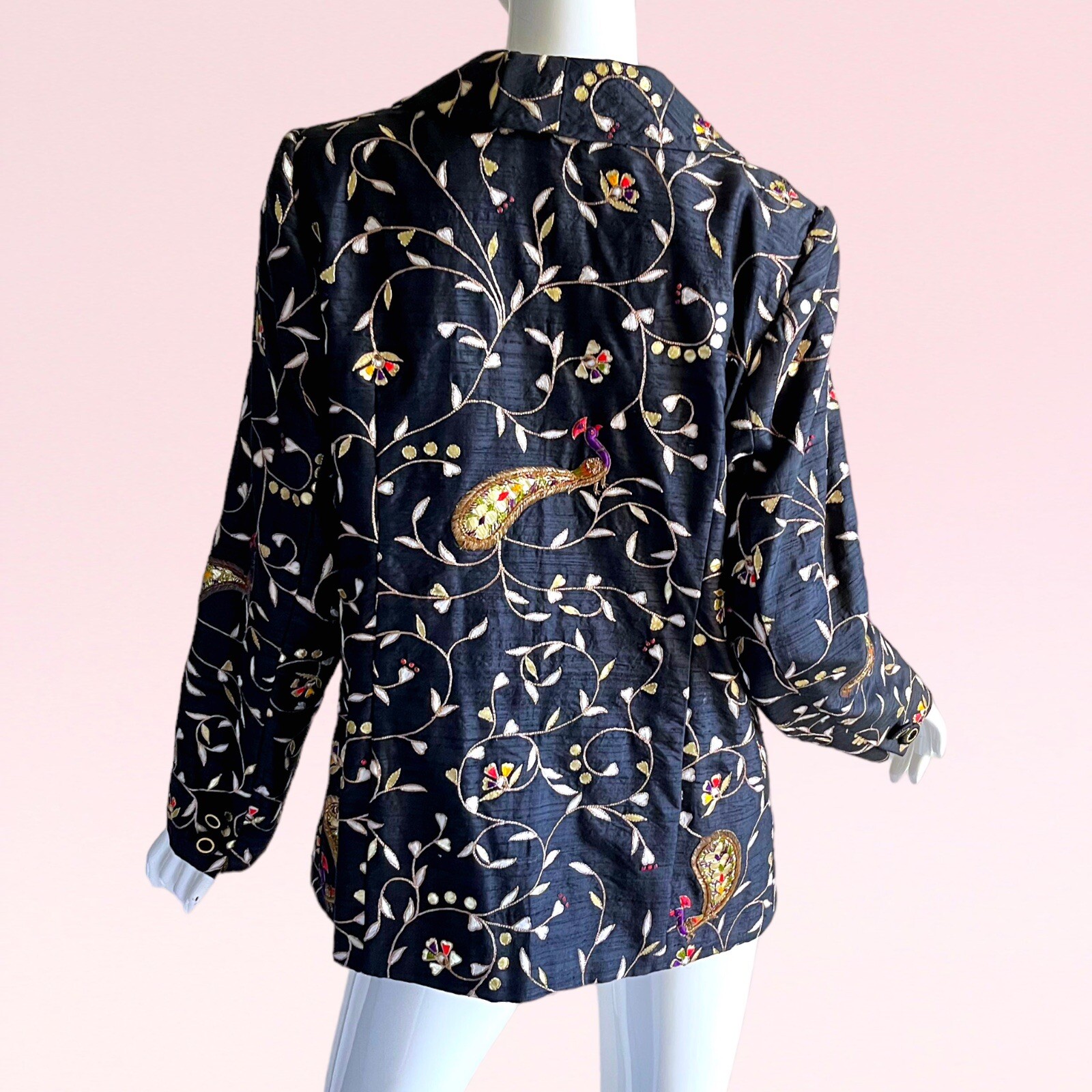 1980s Vtg Indian Sequin Silk Metallic Peacock Zardozi Evening Tuxedo Jacket L