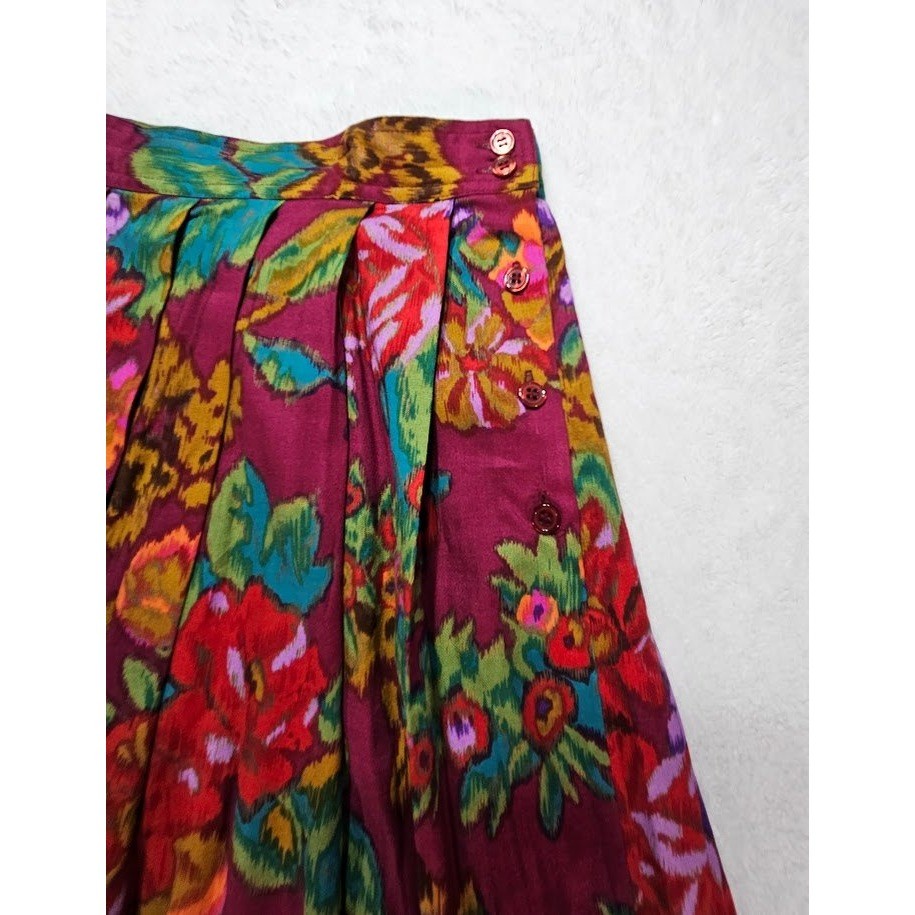 Segue Vintage Magenta Floral Pleated Rayon Midi Skirt Pockets Womens 14