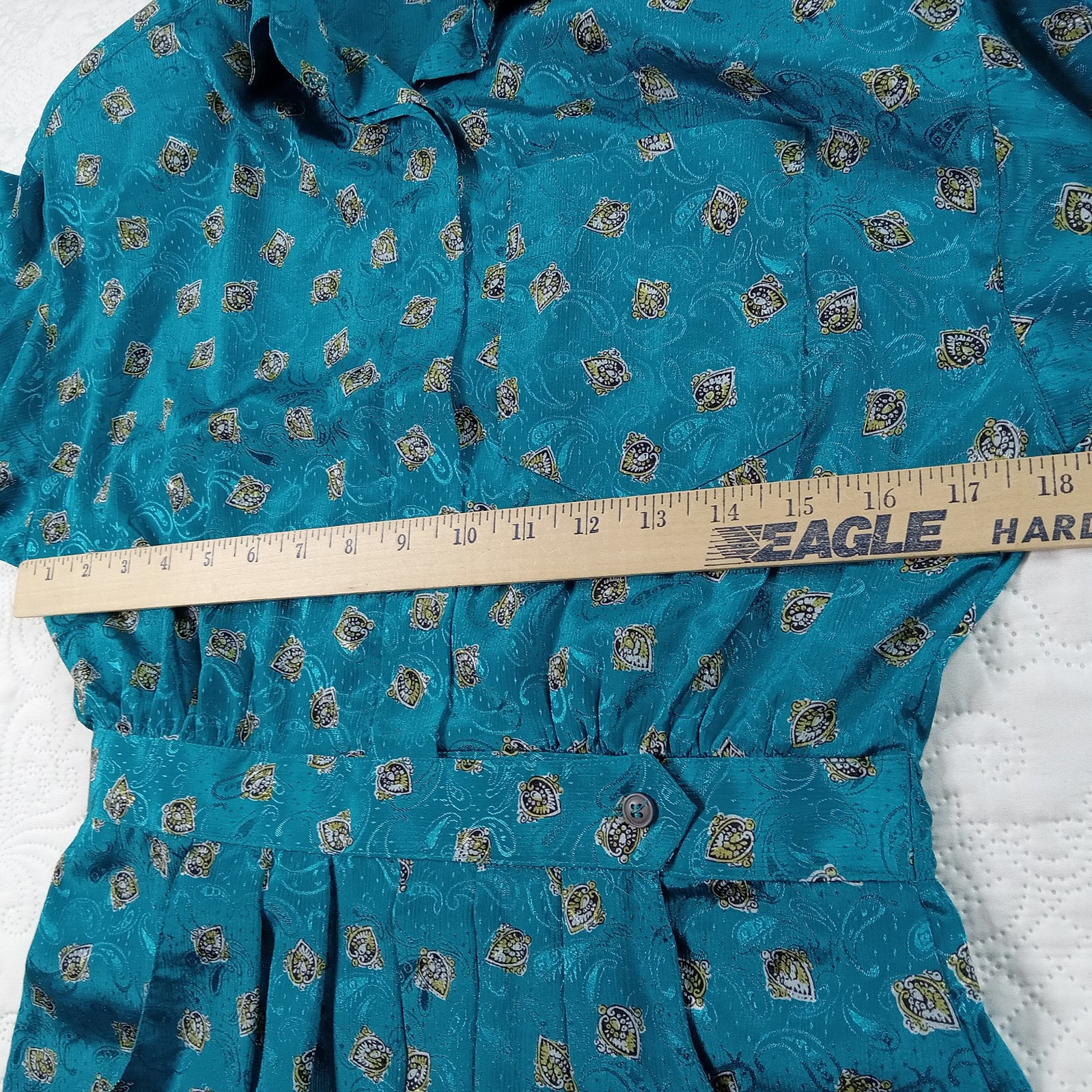 Schrader Petite Sport Shirtdress 6 Teal Paisley Pleated Banded Waist Vtg 80s EUC