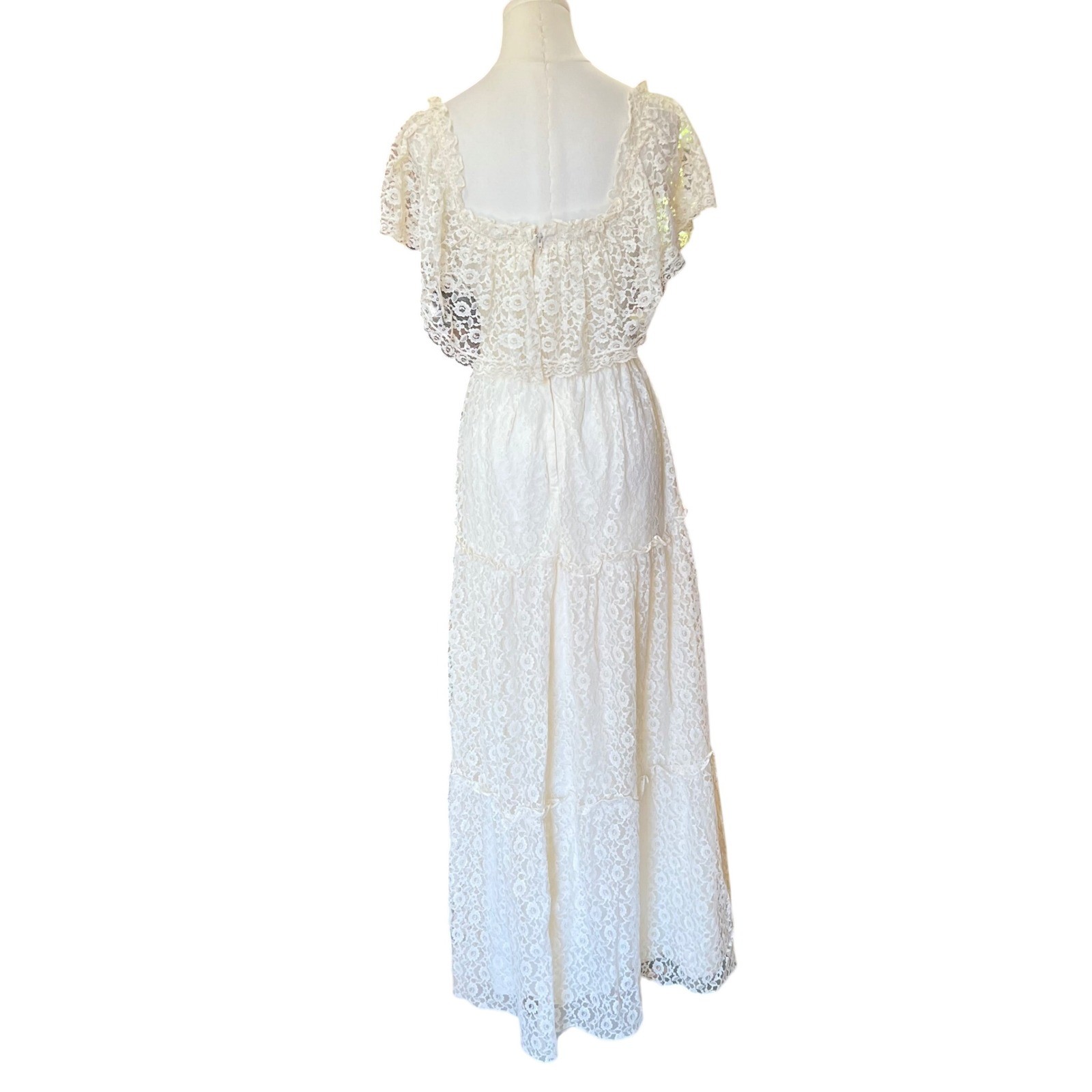 Vintage 70s Candi Jones Ivory Lace Maxi Dress Smocked Prairie Boho Wedding Small