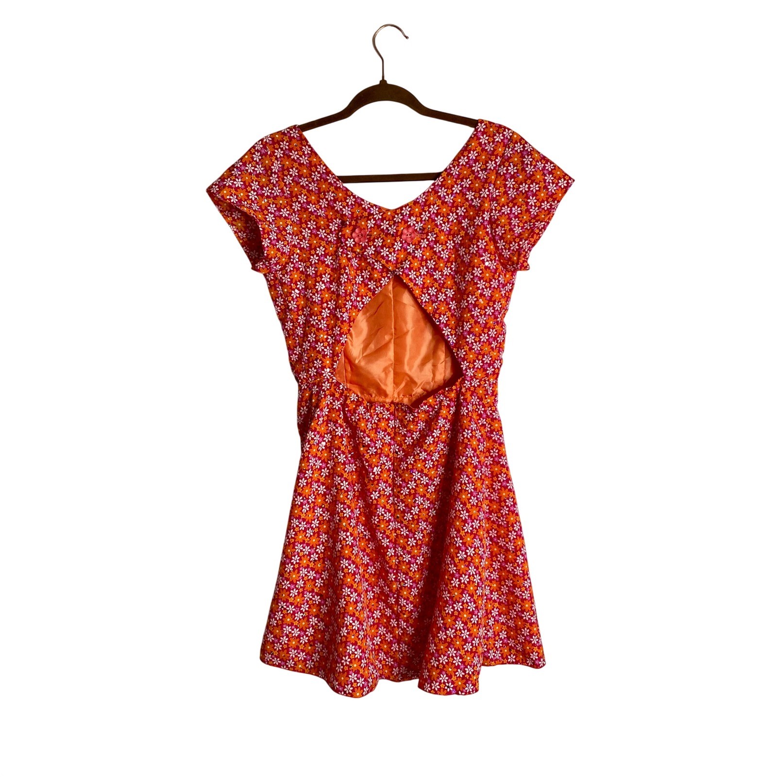 Vintage 60s Mod Daisy Floral Mini Dress Cutout Flower Power GoGo Party Sequin S