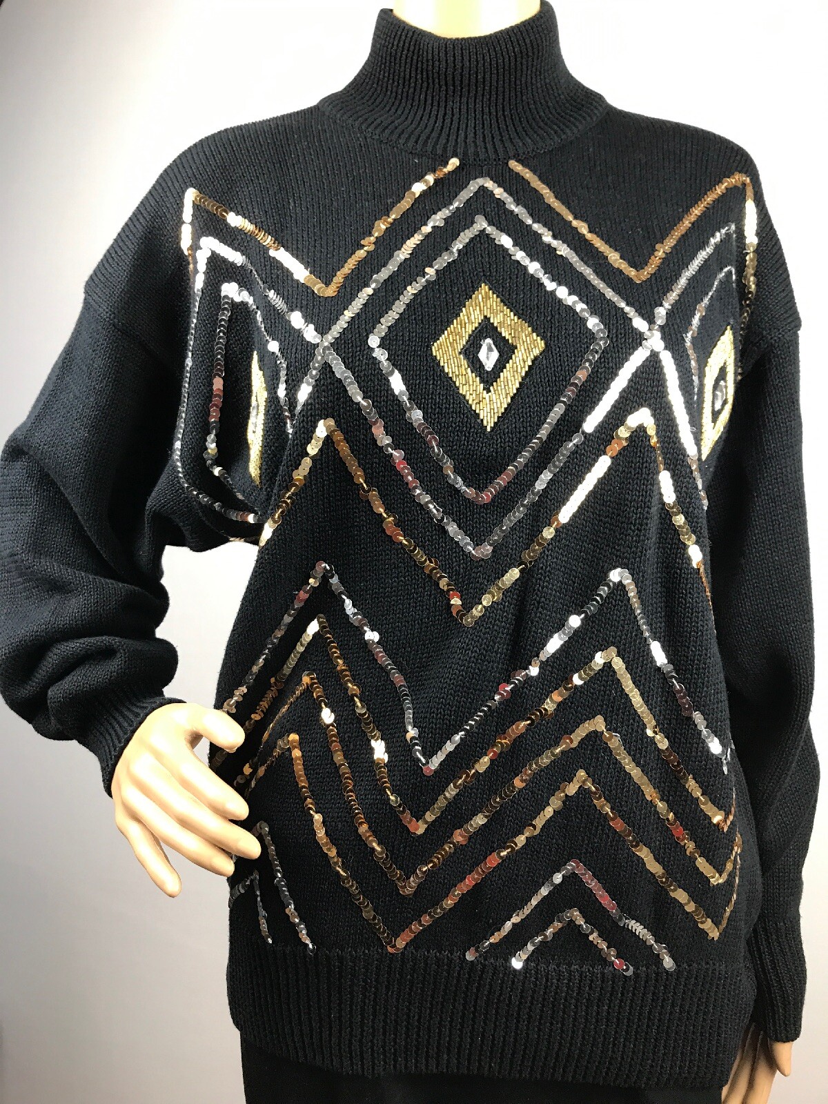 Vtg 80s I.B DIFFUSION WOMEN’S BLACK RHOMBUS SWEATER BEADED SEQUIN 52% Ramie Sz M