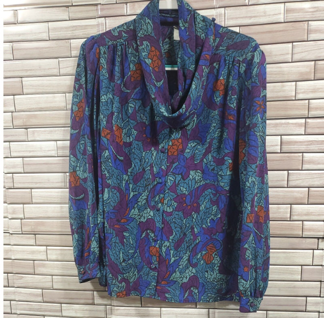 Y2K Pykettes Womens L Blouse Covered Buttons Blue Floral cowl neck long slee VTG
