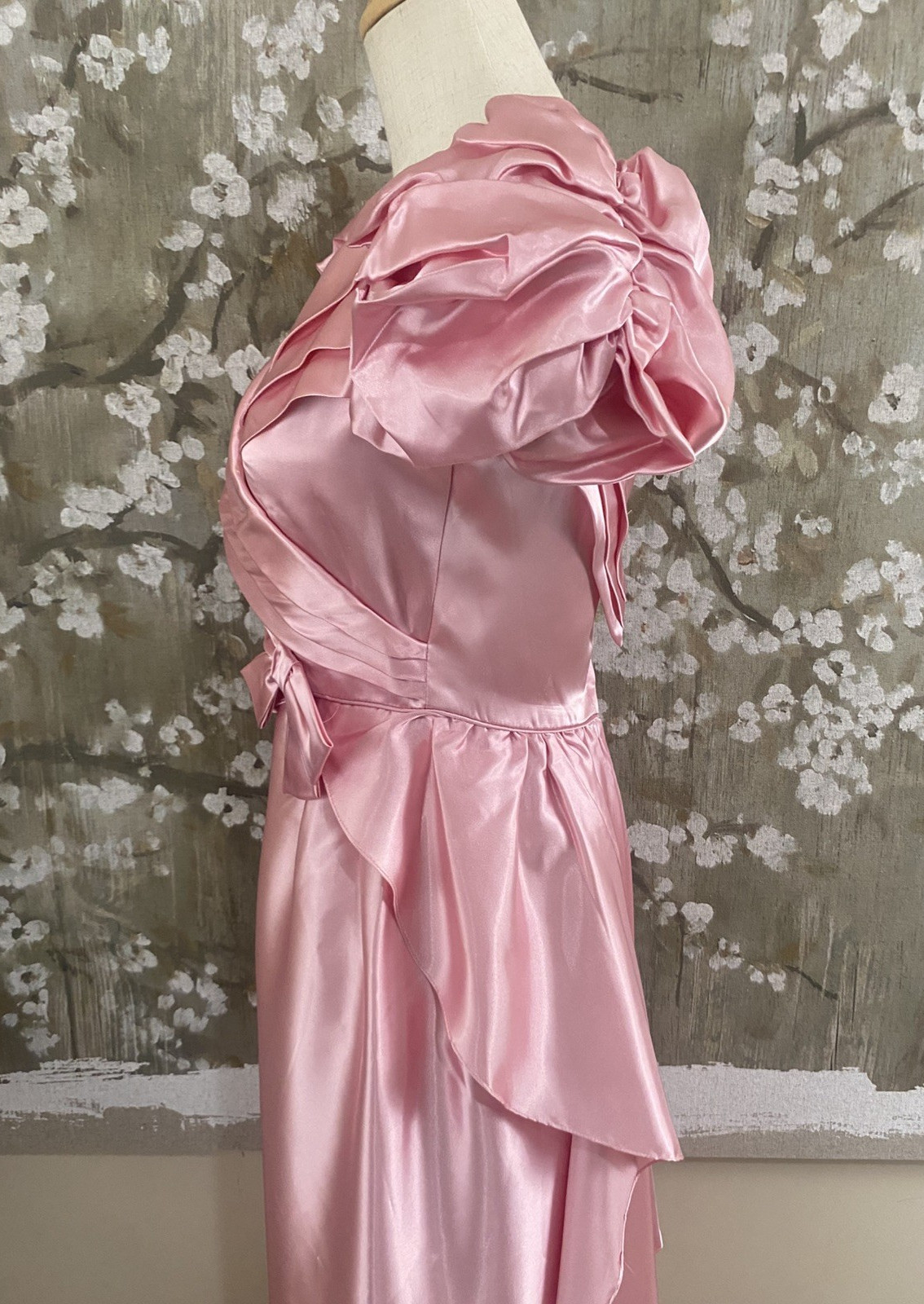 VTG 70’s Pink Satin Union Made Coquette Back Cascade Prom Bridesmaid Dress S