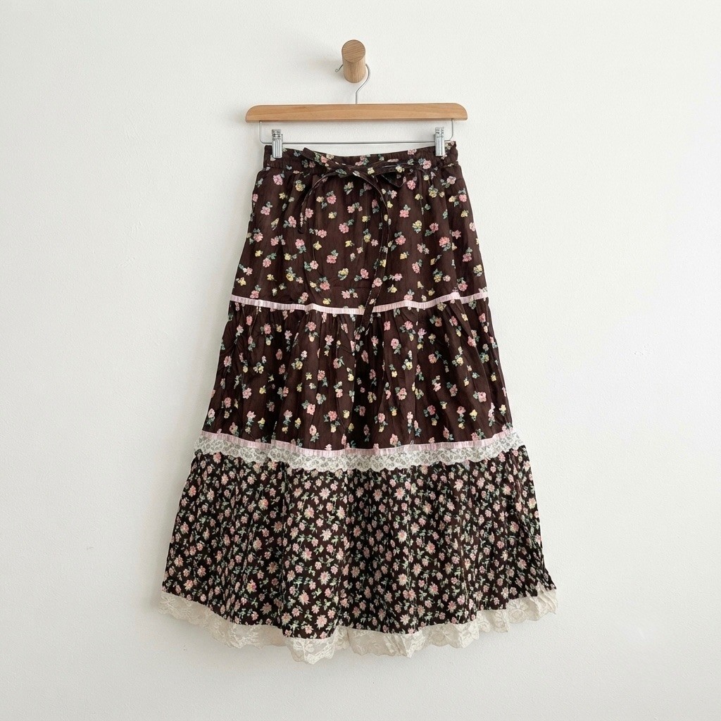 Vintage Brown Floral Tiered Skirt Lace Trim Cottagecore Prairie Boho XS Whimsy
