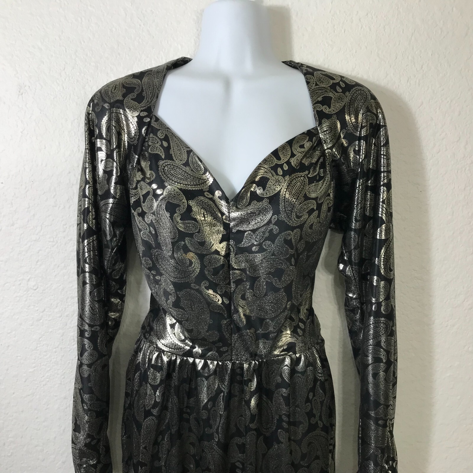 Vintage 80s Homemade Silver Lame Dress XS Paisley Lame Long Sleeve Semi Sheer