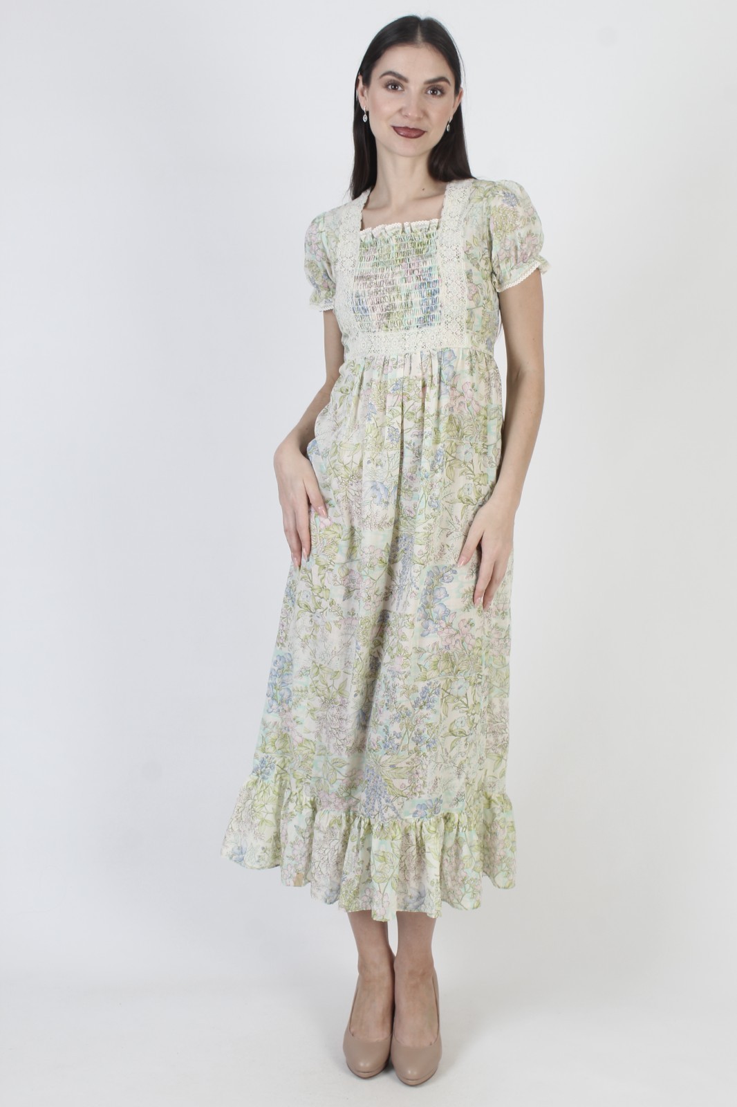 Vtg 70s White Smocked Prairie Dress Pastel Floral Prairie Cottage Boho Sundress