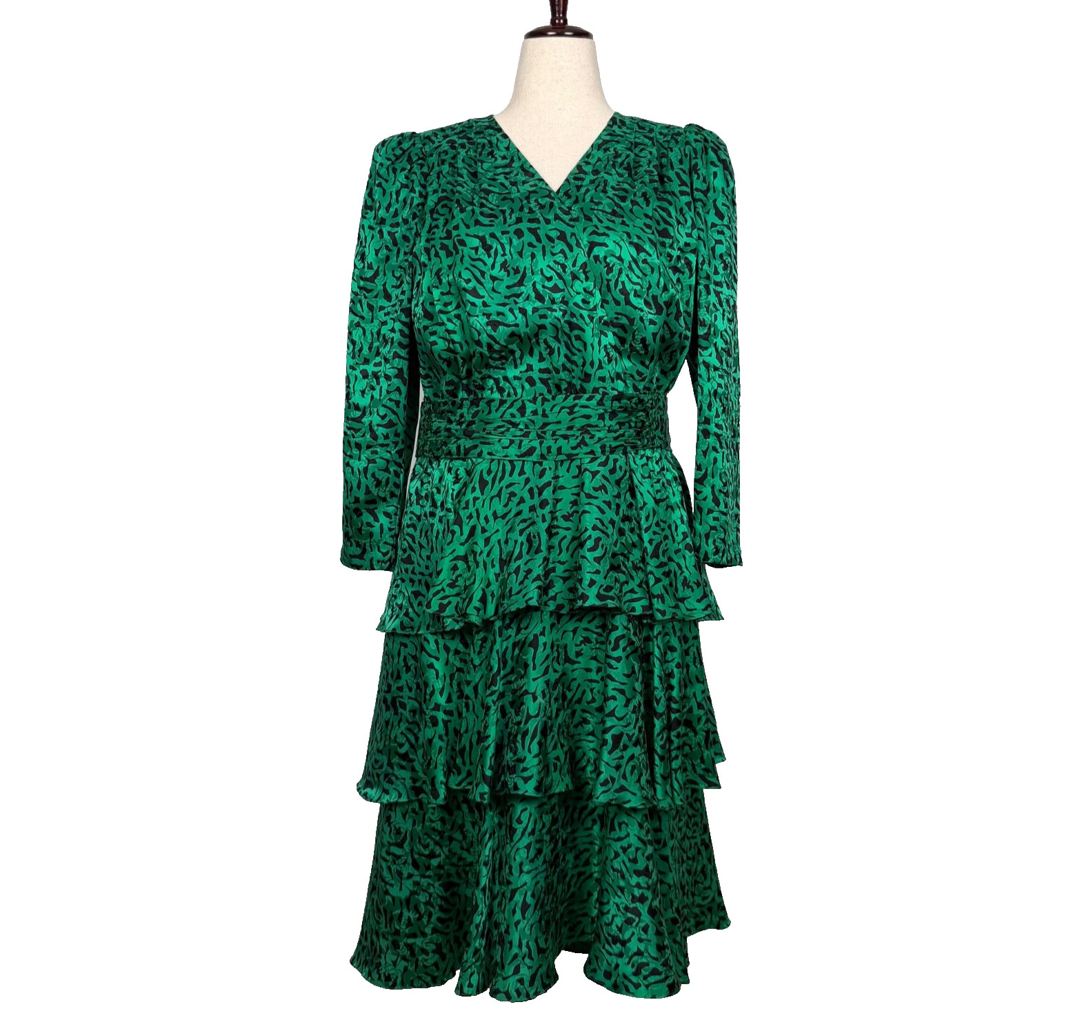 VTG Richard Warren Saks Fifth Ave Silk Dress 12 Green Animal Print Tiered Ruffle