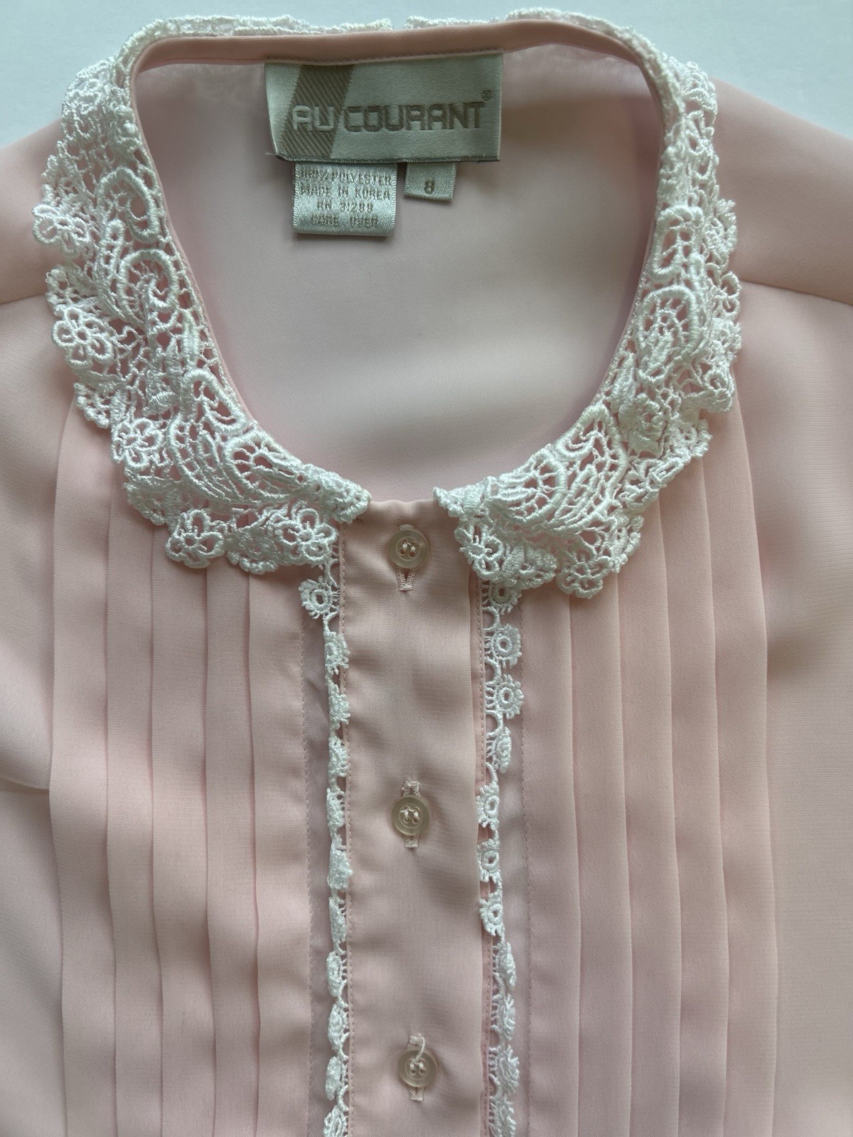 Vintage 80s AU COURANT Pink Semi Sheer Pleated Secretary Academia Blouse Sz 8