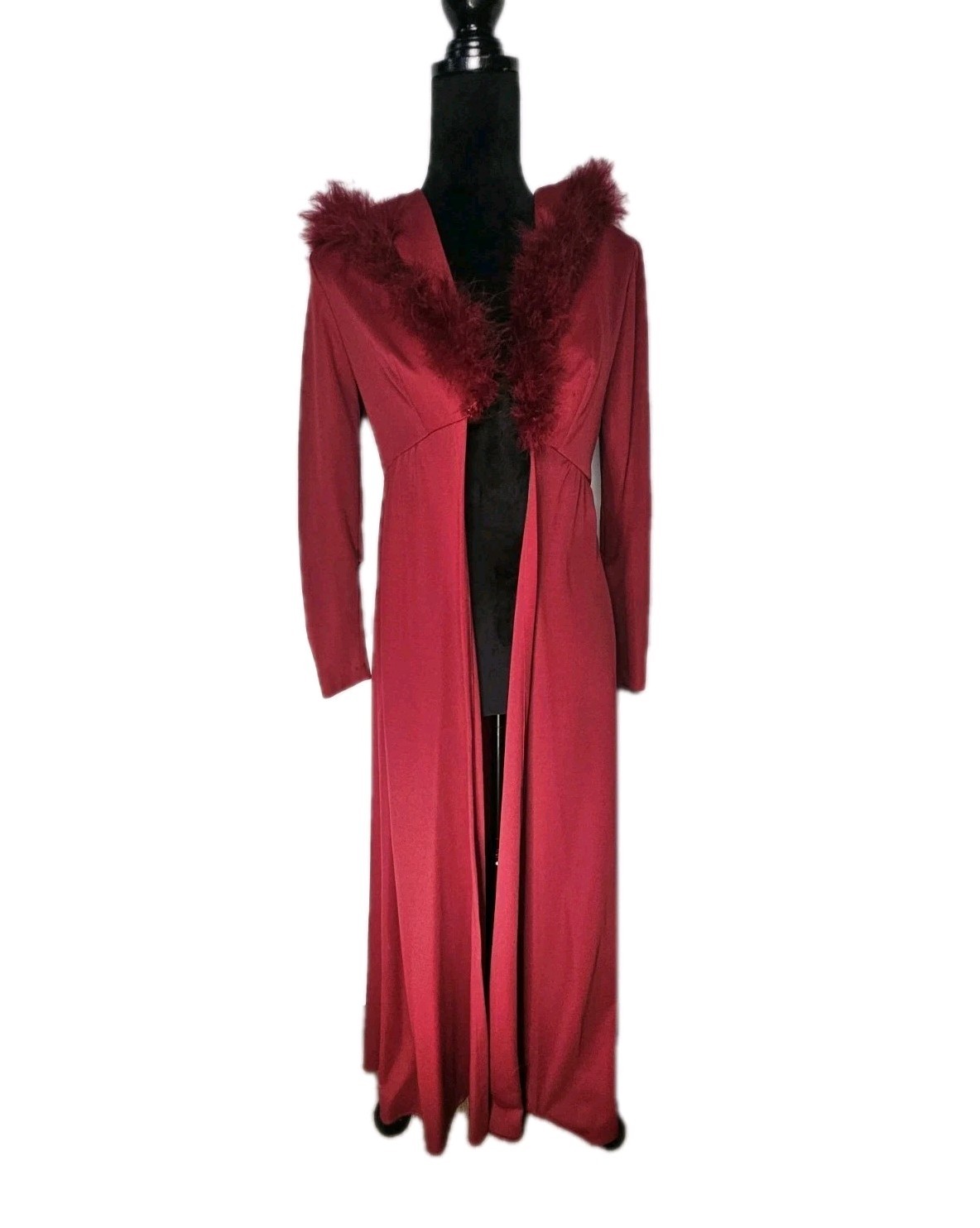 Vtg 70s Maroon Marabou Trim Hooded Robe Maxi Disco Robe Women’s Size 5 S/M