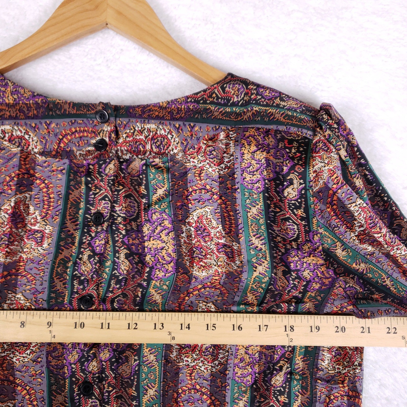 La Chine Classic Paisley Blouse Womens Size 10 Vintage Pleated Button Back 80s