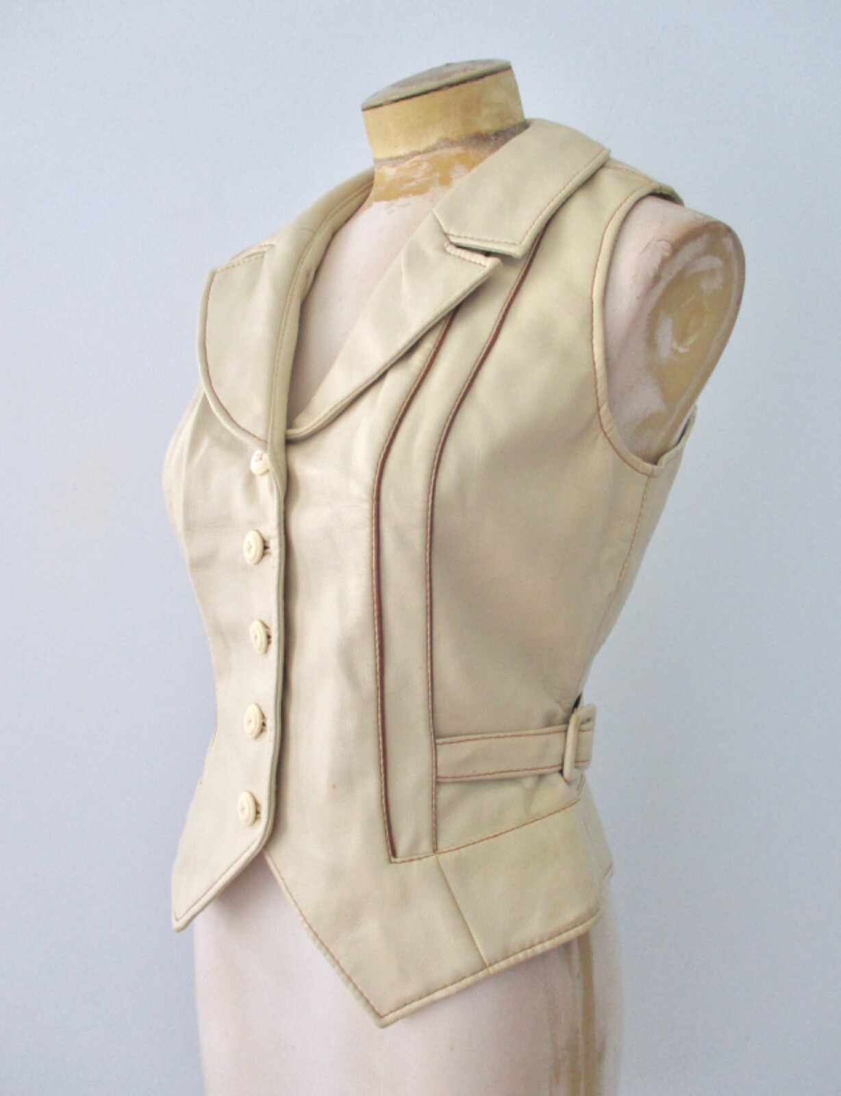 Vtg 70s 80s Beige Pleather Faux Leather Disco Vest Side Buckle Belts Washable 12