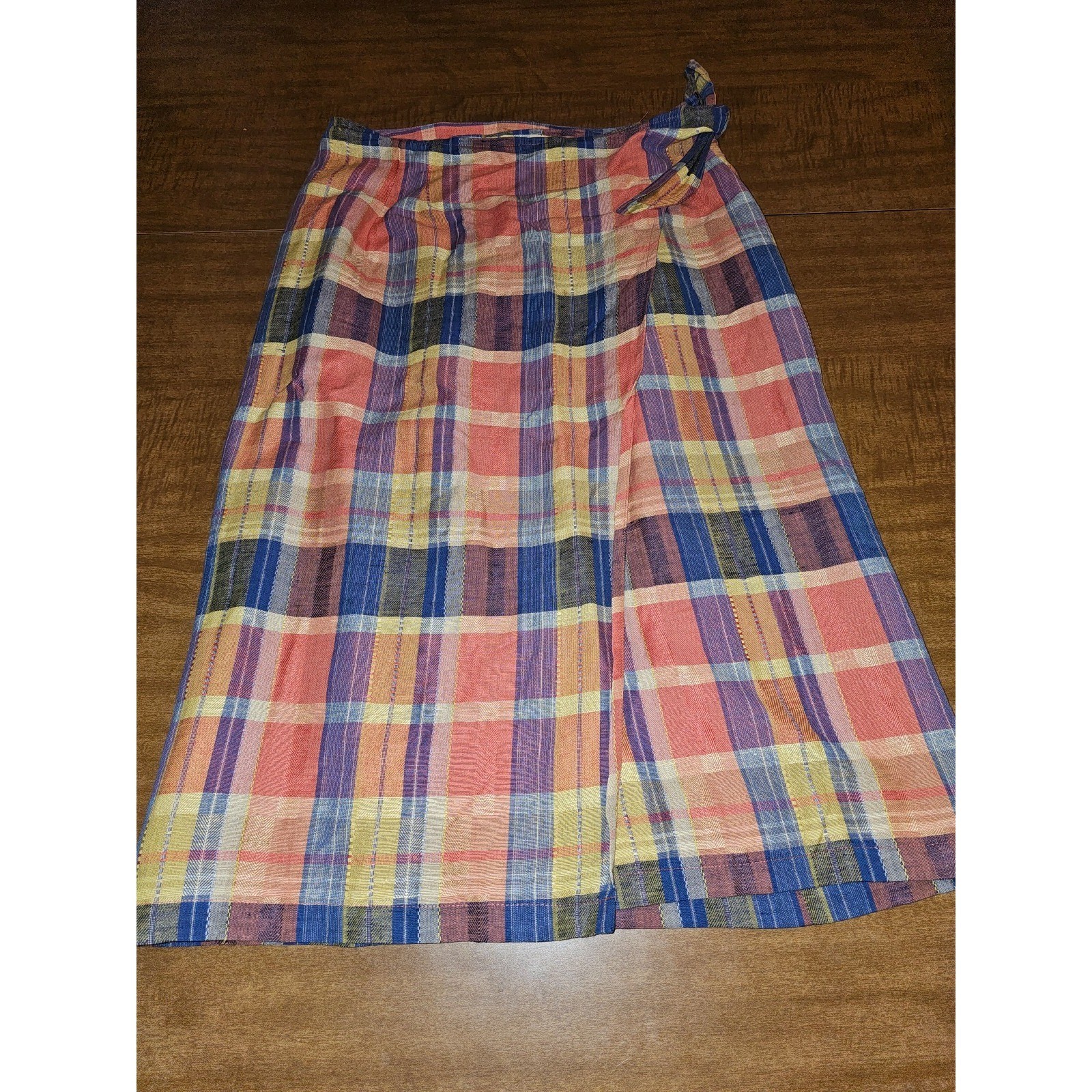 Vintage 80s 90s Neiman Marcus Wrap A-Line Midi Skirt Plaid 8 S M Madras Linen D5