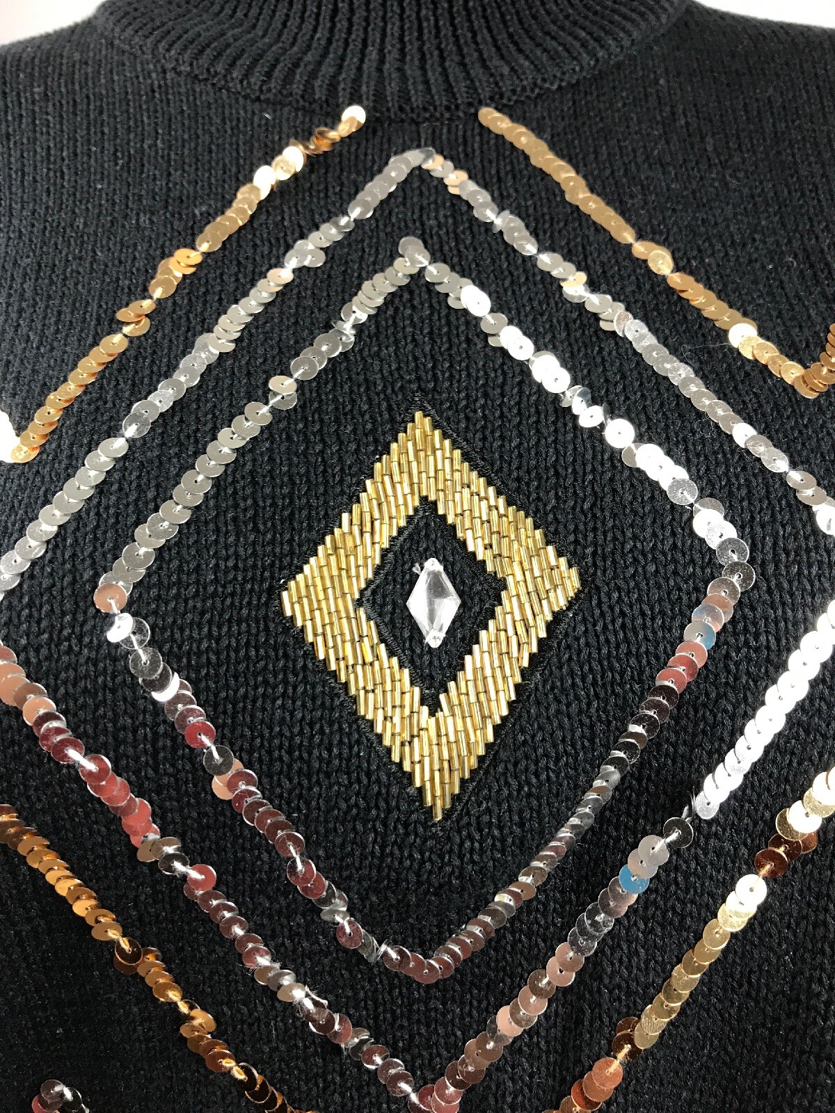 Vtg 80s I.B DIFFUSION WOMEN’S BLACK RHOMBUS SWEATER BEADED SEQUIN 52% Ramie Sz M